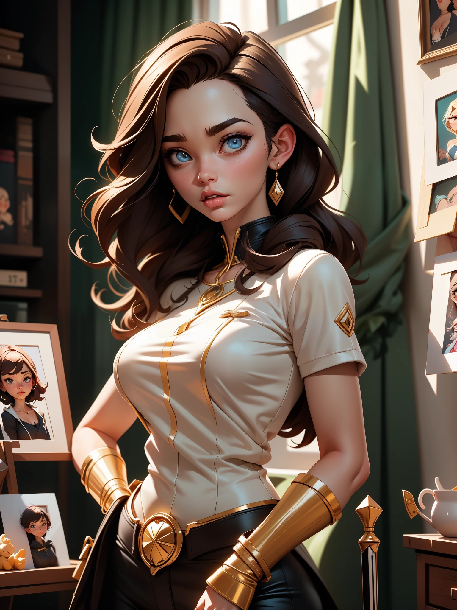 um desenho de uma mulher em um traje maravilha com uma espada, Retrato da Mulher Maravilha, desenhado no estilo de artgerm, Artgerm e Atey Ghailan, mulher maravilha, Retrato de Gal Gadot, em estilo de artgerm, Alena Aenami e Artgerm, retrato artgerm, Epic portrait illustration, Artgerm extremamente detalhado,fundo luminoso,(alta qualidade)olhos perfeitos,(melhor qualidade)