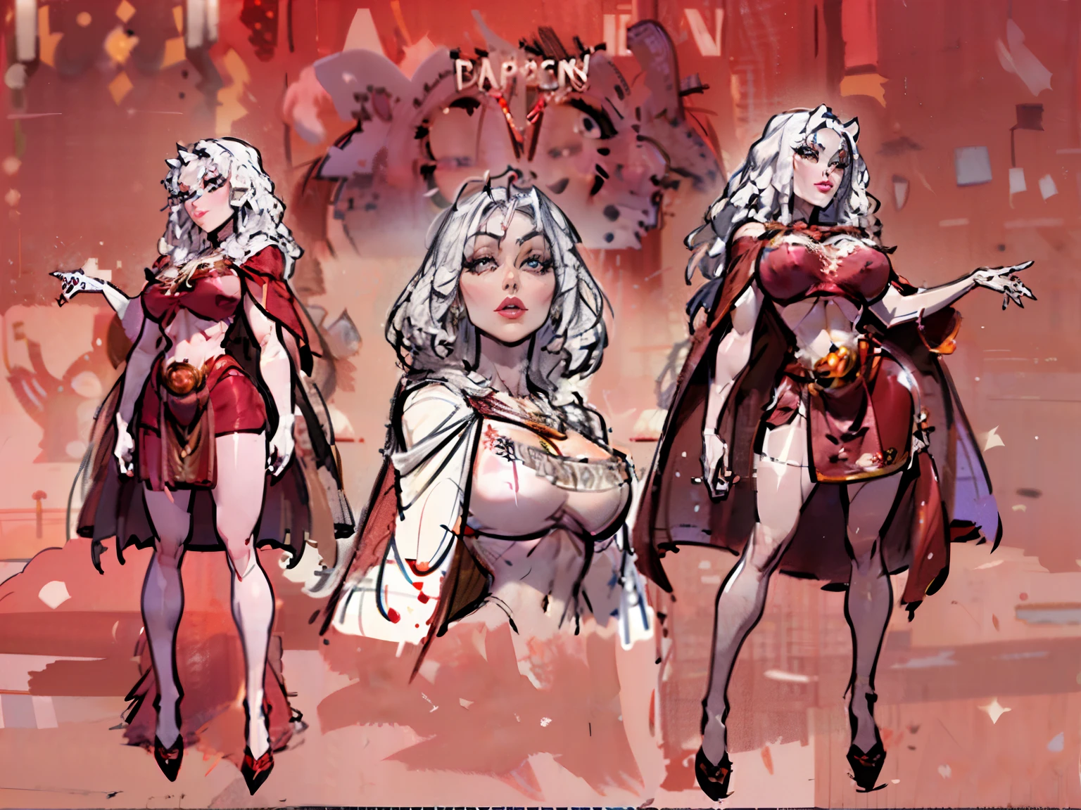 ((masterpiece)),(((best quality))),((character design sheet)), illustration,1woman, environment Scene change,  muscular, (white skin:1.4), ((mother Gothel)), slendered abs, red legs, thick legs, (red cape:1.5), (clean lines), ((detailed face:1.1)), rough sketches, pose too, red and black color palette, 8k,16k, (simple background, light background: 1.3)