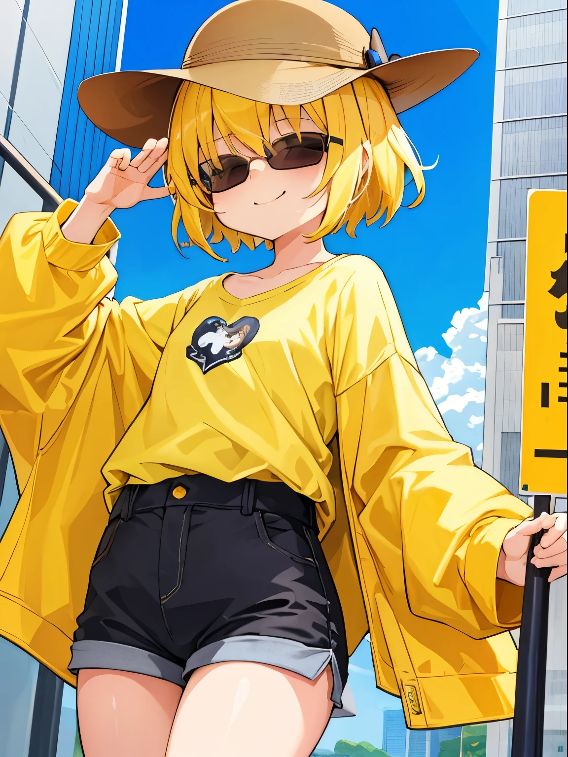 Masterpiece, best quality, Very detailed, illustration,1 girl, small,chest,gray long sleeve shirt,black sunglasses,Yellow shorts,short hair,yellow hair,Close your eyes.,Smiling mouth,yellow hat