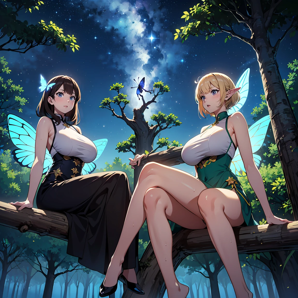 ((masterpiece)), ((highest quality)), (ultra high resolution,8K),(Ultra high fine mesh,4K), (Highly detailed CG integrated 8k wallpaper), (perfect anatomy,anatomically accurate), (dynamic composition, (((Sitting on a branch of a tall treeセクシーな魅力を持つ爆乳三姉妹の妖精))), (((Faithfully reproduced three big-breasted sisters fairies))), (Sitting on a branch of a tall tree:1.5), beautiful butterfly in flight, (Surprised gesture:1.4), ((whole body)), (brown hair +1.2), blonde hair, (short bangs), (dynamic composition), High definition beauty face, (more beautiful blue eyes), (open your mouth), (wet body)), shiny skin, fine skin, thin hair, Vast background, (Butterflies flying around a woman), (starry sky), forest, Pillar of Light, moonlight, Sparkling, (midnight, darkness), Shining six-pointed star