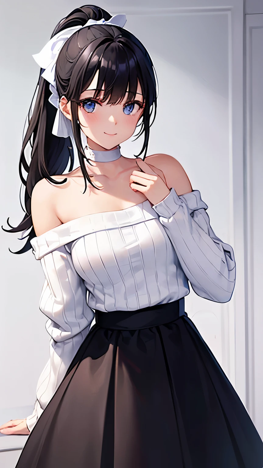 ((White off-the-shoulder sweater)) 、1 girl、 black hair ponytail、beautiful eyes、black choker、Superlative quality、((Top-notch image quality))、Neat and clean girls、beautiful girl、smile、cute、Dainty girl