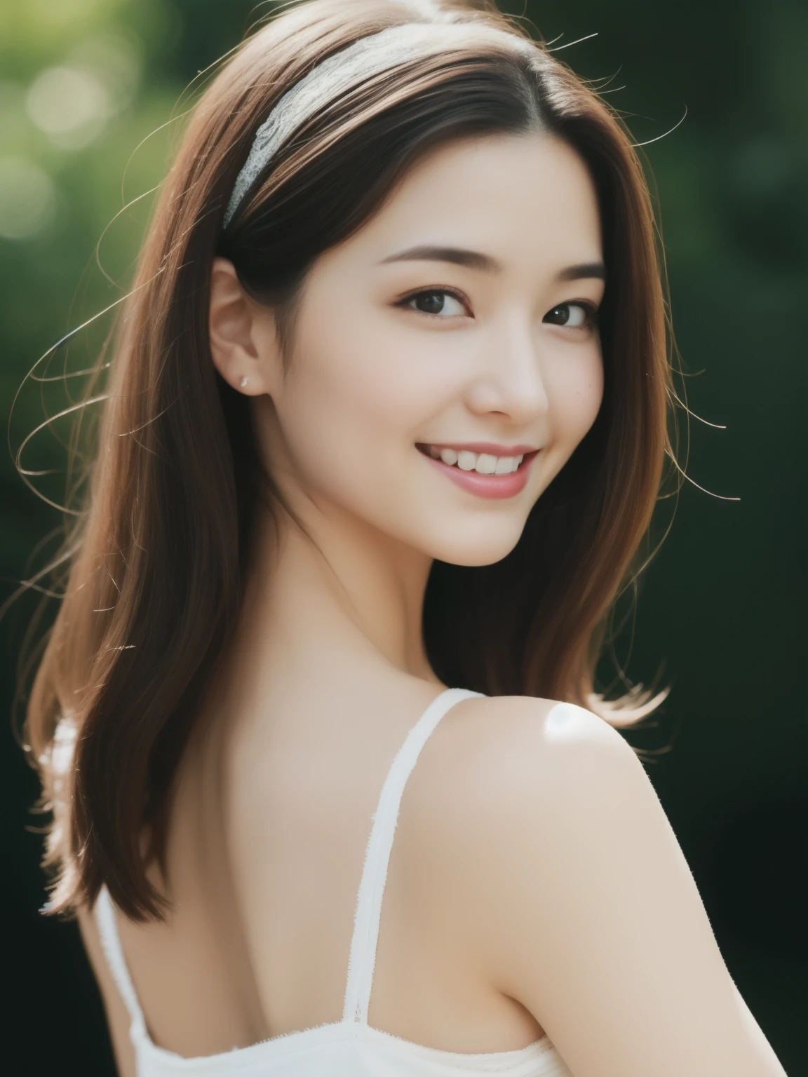 Beautiful 25 year old woman。She turns around and looks at me. she is wearing a satin camisole。Lace on the chest and hem.。She looks ecstatic as if she has reached an orgasm when fucking,with sexy smile..。Laugh like a tearful laugh. her dark brown hair、、her hair is long。High resolution、masterpiece、highest quality、Head w:1.0、((Hasselblad Photos))、fine skin、fine knit、(movie lighting)、clavicle .