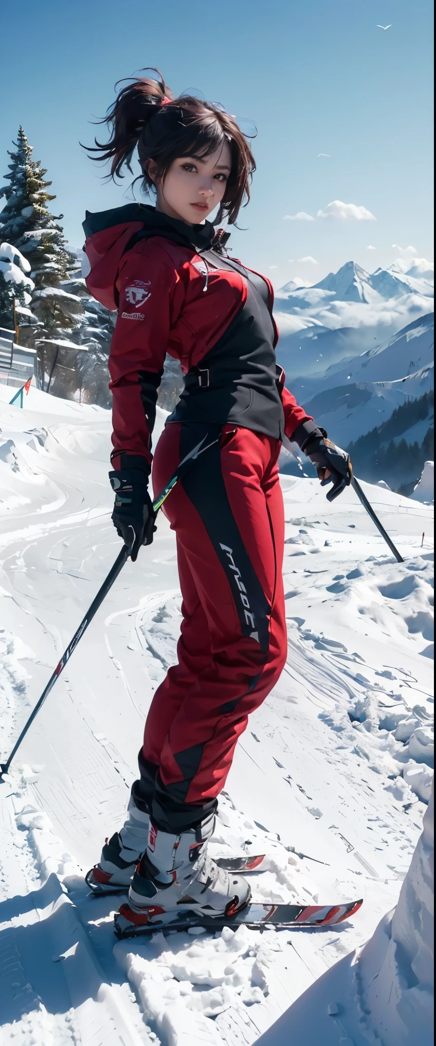 (highest quality), ((masterpiece), (detailed: 1.4), 3D, HDR (high dynamic range), ray tracing, NVIDIA RTX, super resolution, unreal 5, skier in red jacket skiing down a snowy slope with blue sky in background, skiing, stunning ski, stunning skied, whistler, profile shot, steep, profile pic, 4 0 9 6, reddit post, crisp detail, crisp smooth lines, crisp lines, instagram post, avatar image, mid shot, stunning image, up shot, motivational, poster shot, 1girl, view from the front, In dynamic poses, 