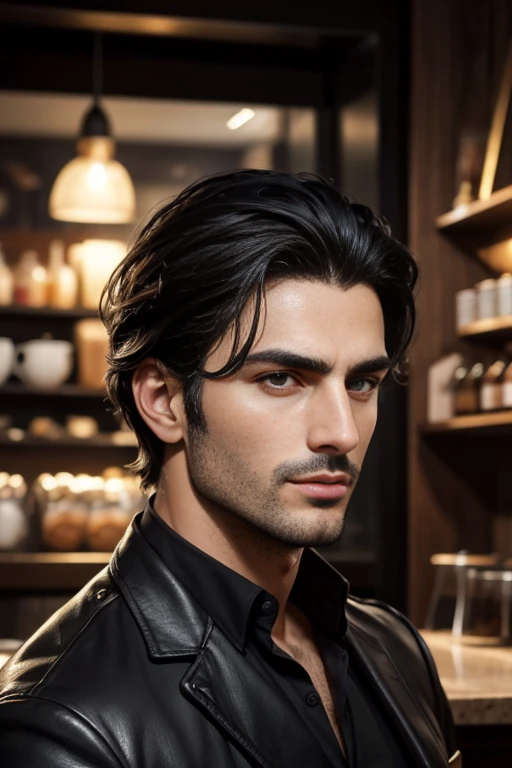 (front view) very detailed photograph of a italian man, detailed coffee shop background, (with black hair), (dark eyes) (symmetric handsome face) nice and well defined nose, (well marked and angular jaw), proportioned and full lips, stunning realistic photography, realistic soft color, octane render, intricately detailed, sharp focus, stunning full color, shot on DSLR camera, 32k resolution, best quality, (focus on skin texture)