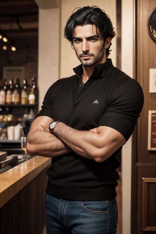 (front view) very detailed photograph of a italian man, detailed coffee shop background, (with black hair), (dark eyes) (symmetric handsome face) nice and well defined nose, (well marked and angular jaw), proportioned and full lips, stunning realistic photography, realistic soft color, octane render, intricately detailed, sharp focus, stunning full color, shot on DSLR camera, 32k resolution, best quality, (focus on skin texture)