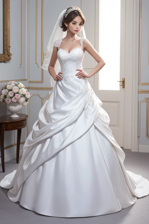 A girl, dressed in a wedding dress, white wedding dress, full body drawing, slim, long legs