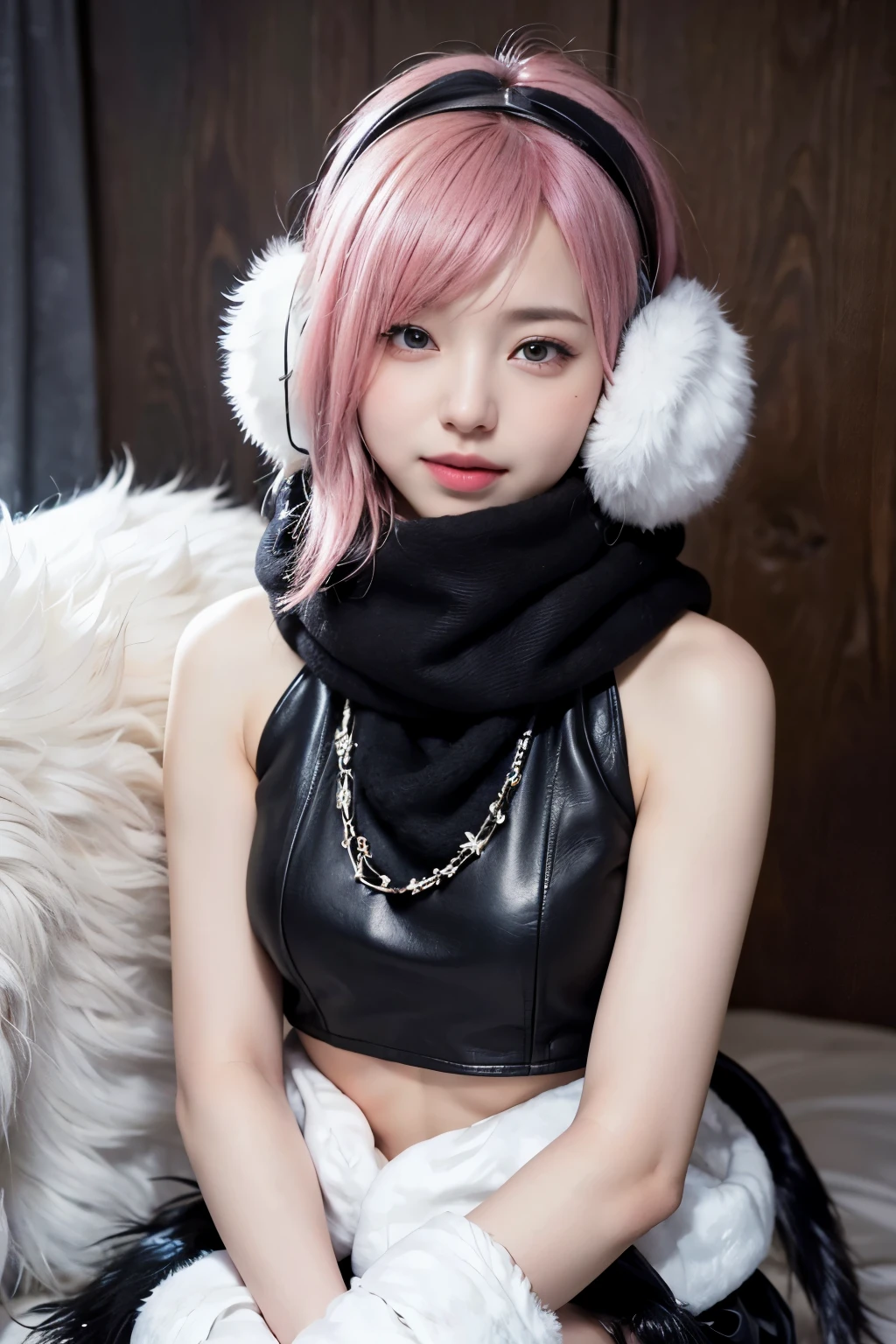 (8K, top-quality, masterpiece:1,2), (reallistic, Photorealsitic:1.37), Super Detail, One girl,), (Highly detailed), (beautifully detailed eyes), (of the highest quality), (super detailed ), (masterpiece), (Detailed face),20yr old, ,1 girl, ((pink hair,Very short hair)), medium breasts, clothed, Perfect Lighting, BREAK (wearing a black coat over a white tank top:1.3), (open coat:1.3), (tight leather black mini skirt:1.3), (floating scarf:1.2), (Nordic patterned winter scarf:1.3), ((Covers both ears with fluffy white fur, fluffy Earmuff):1.3), (heeled boots:1.2), BREAK smiling, holding up coat collar with right hand, fluttering scarf with left hand, snow-covered cityscape, natural light from top right, (upper body to knees:1.3)