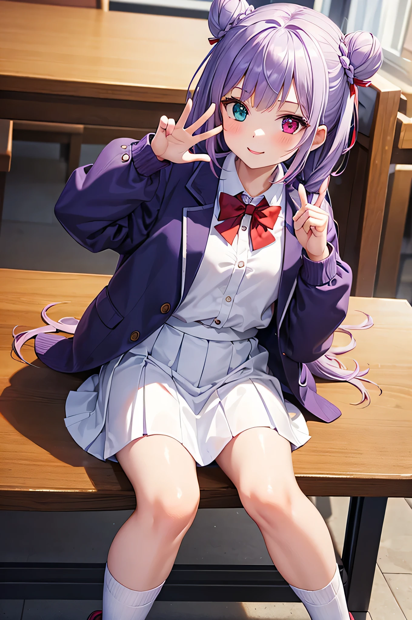 high quality, intricate details, Super detailed, (glossy white skin:1.3), straight, game CG, face focus, 1 girl, smile, (heterochromia: red and blue),purple hair,  double braided triangle bread, Twintail, medium hair, colorful jacket, white jacket, purple jacket, Purple Pencil Skirt, Purple mini skirt, black loafers, big ribbon bow tie, loose socks, big loose socks, asymmetry loose socks, Blue socks, red socks, waving, hands on table, Doing a presentation, school uniform