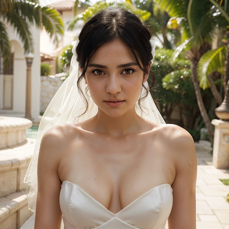 (sweat:0.7),Light yellow wedding dress,white short skirt,woman,turkish,exquisite face, beautiful face,bare shoulders,shoulders slightly exposed,translucent skin,black eyes,black hair,(photorealistic:1.4),realistic details, high resolution,bokeh,outstanding details, hot