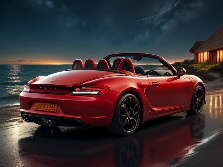 ((An illustration、flat design、print、Ukiyo-e)), (Bright red convertible Porsche Boxster 718),isometric, bright color vector, (Seaside city, Palm tree、boat at anchor、(Sea of night、starry skies、beach house、dark night))、You can see a big green suitcase on it..、car trip、Ichiban star、((close up of car))、paved roads、Ligneclair style、Cars and coast motifs、((A house with white walls and a red roof on the beach))、