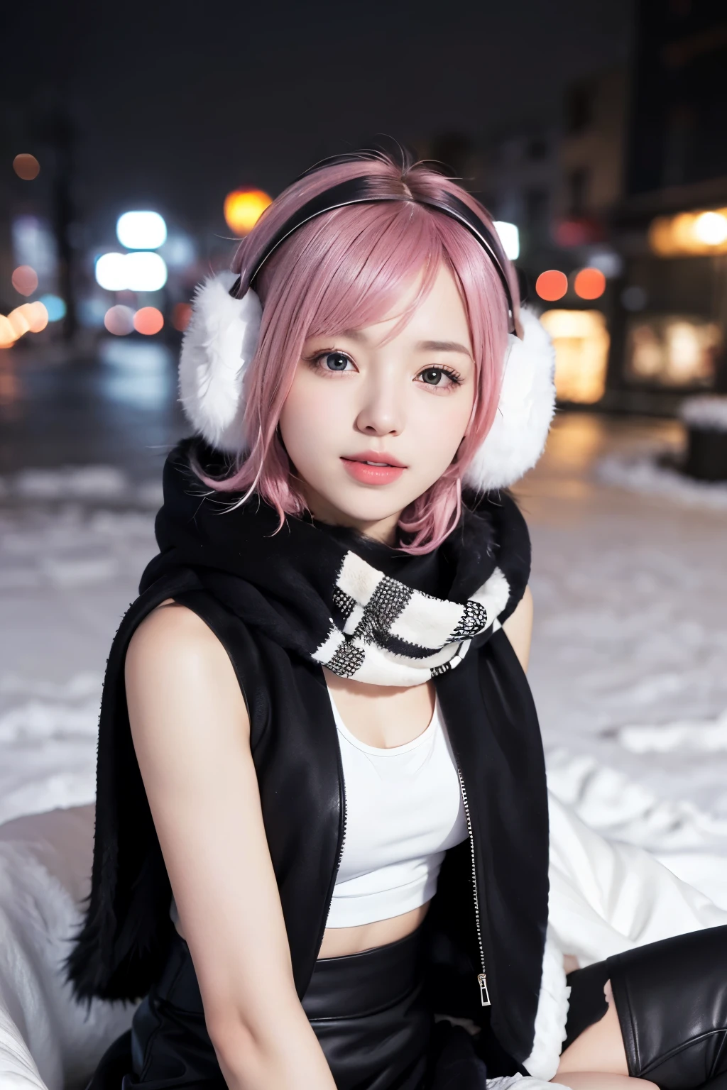 (8K, top-quality, masterpiece:1,2), (reallistic, Photorealsitic:1.37), Super Detail, One girl,), (Highly detailed), (beautifully detailed eyes), (of the highest quality), (super detailed ), (masterpiece), (Detailed face),20yr old, ,1 girl, ((pink hair,Very short hair)), medium breasts, clothed, Perfect Lighting, BREAK (wearing a black coat over a white tank top:1.3), (open coat:1.3), (tight leather black mini skirt:1.3), (floating scarf:1.2), (Nordic patterned winter scarf:1.3), ((Covers both ears with fluffy white fur, fluffy Earmuff):1.3), (heeled boots:1.2), BREAK smiling, holding up coat collar with right hand, fluttering scarf with left hand, snow-covered cityscape, natural light from top right, (upper body to knees:1.3)