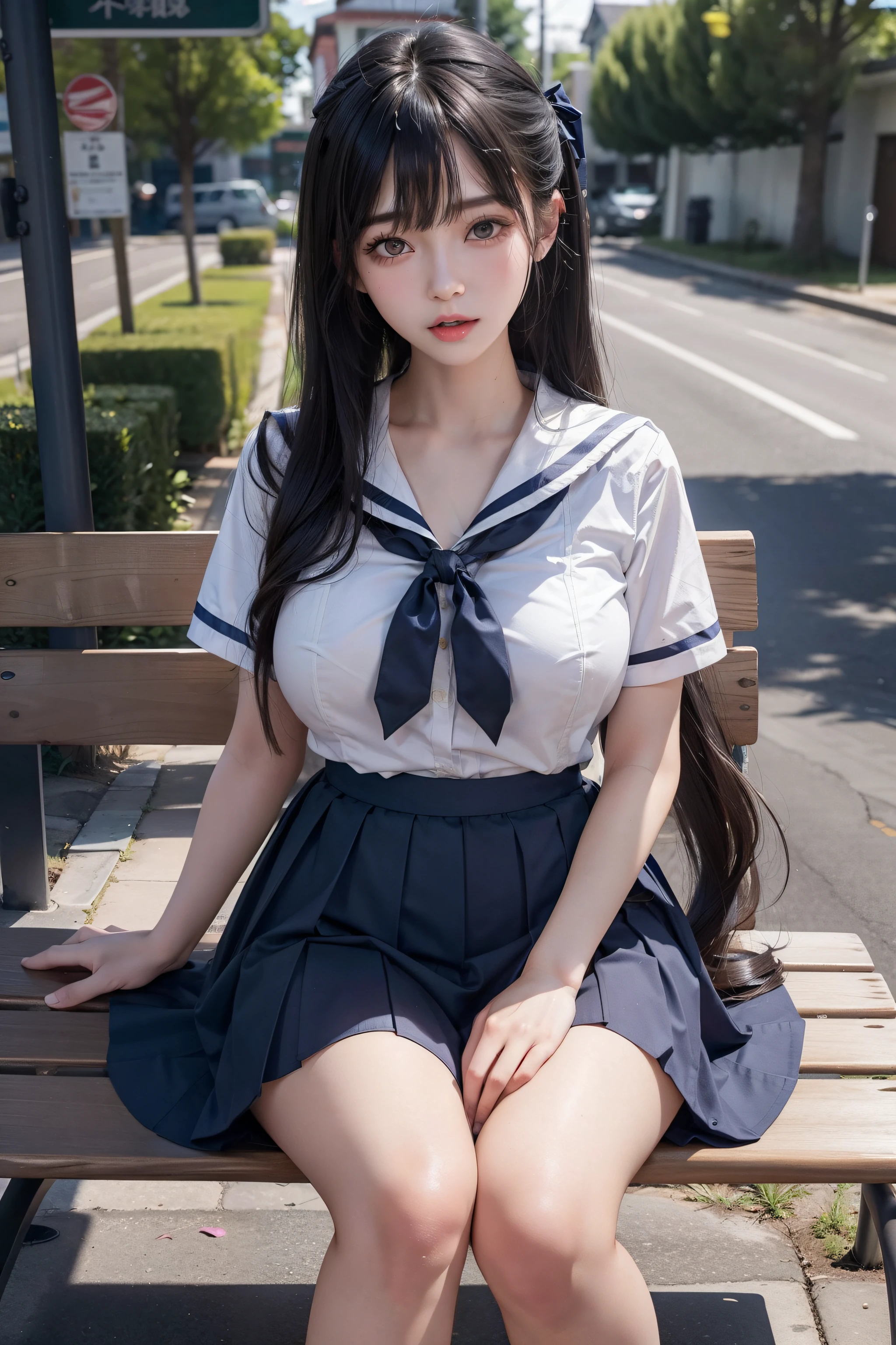 Photos are real、real picture A black-haired one、straight hair、ponytail、blunt bangs tearful eyes、The outline of the face is round、plump cheeks 、high school girls、Sailor suit、Navy blue ribbon、pleated skirt Full, large breasts、short Slobber、saliva Spread your legs boldly、oral sex、put in mouth、gender、gender、Playfulness、oral sex、sperm、大量sperm、sperm drenched、Penetrate vigorously、ejaculation background with、rural area、old bus station、bench