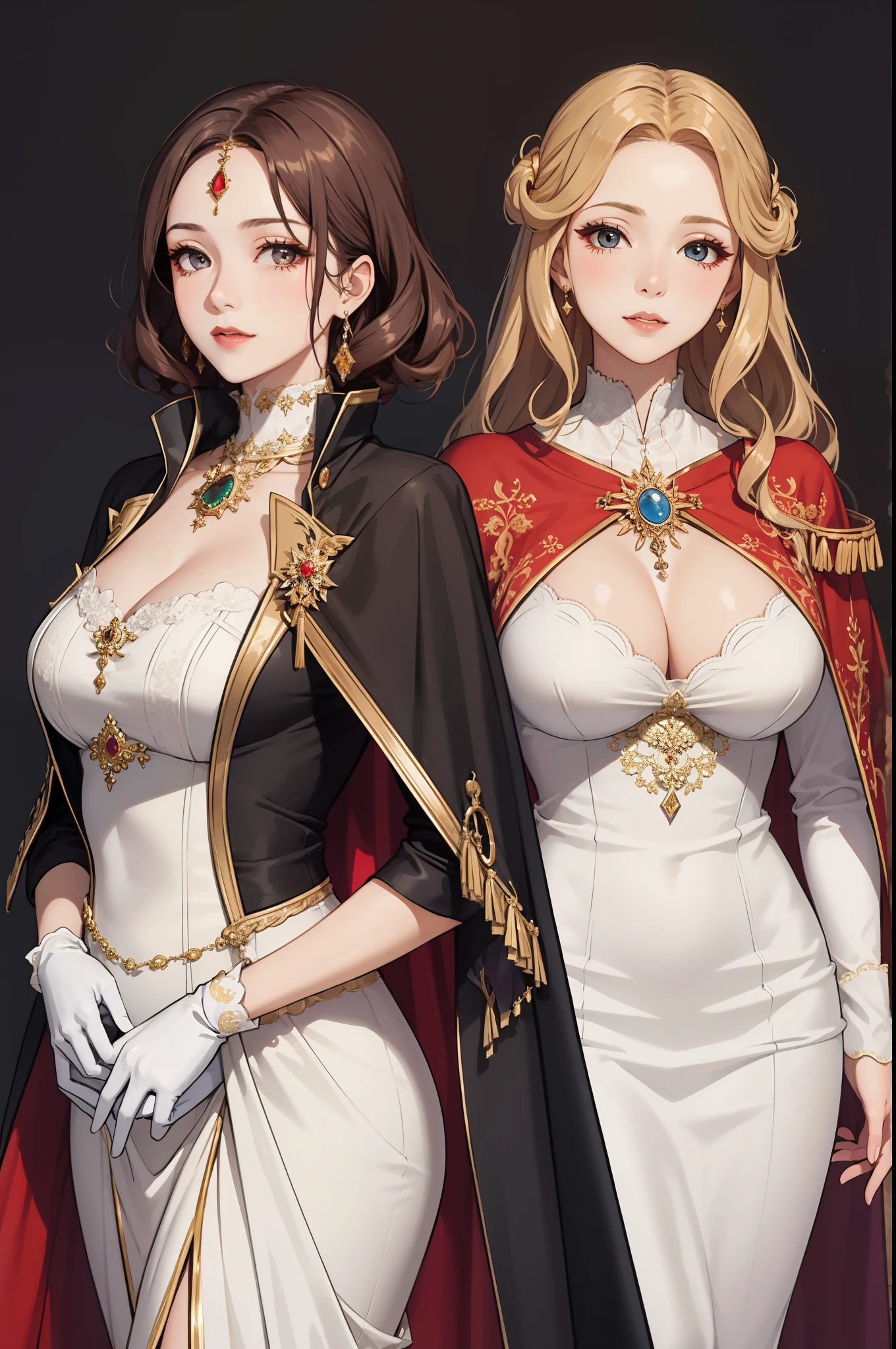 (2girls aligned:1.2), (confrontation), (looking at viewer), (golden), jewelry, gorgeous, splendid, luxurious, aristocrat, noble, arrogant, goddess, queen, curly hair, forehead, embroidery, white satin dress and gloves and cape, gleaming skin, face focus, (portrait:1.2), Simple Background, best quality, high resolution, all intricate, mature women