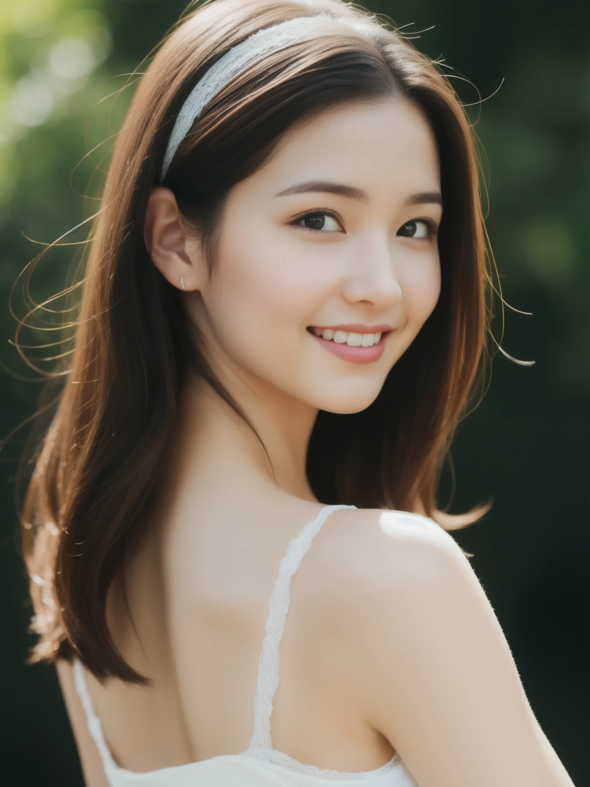 Beautiful 25 year old woman。She turns around and looks at me. she is wearing a satin camisole。Lace on the chest and hem.。She looks ecstatic as if she has reached an orgasm when fucking,with sexy smile..。Laugh like a tearful laugh. her dark brown hair、、her hair is long。High resolution、masterpiece、highest quality、Head w:1.0、((Hasselblad Photos))、fine skin、fine knit、(movie lighting)、clavicle .