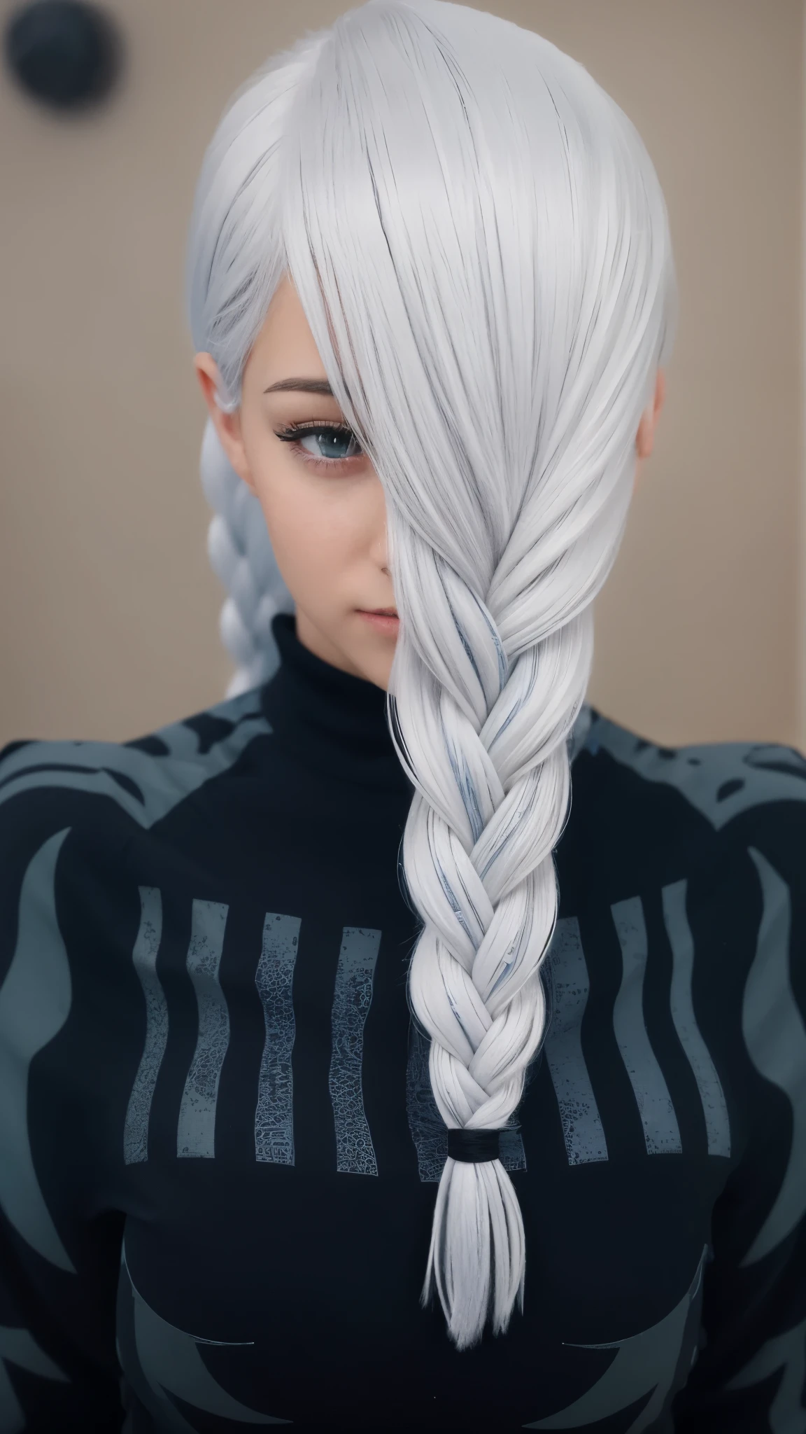 there is a woman with a long braided hair and a blue dress, azure. detailed hair, [ 4 k photorealism ]!!, [ 4 k photorealism ]!!!, detailed white long hair, silver hair girl, 4k hd. snow white hair, girl with white hair, detailed hair foggy, tifa lockhart with white hair, detailed hair, white haired, 8k portrait, detailed intricate fabric texture, (charcoal black theme:1.3), spiral patterns, body freckles, bright, high quality image, masterpiece, detailed hair texture, detailed skin texture, detailed cloth texture, 8k, add fabric details, ultra detailed skin texture, ultra detailed photo, skin pores, cloth details, high skin details, realistic hair details, (8K, RAW photo, best quality, masterpiece:1.2), (realistic, photo-realistic:1.4), ultra-detailed (grainy:0.2)