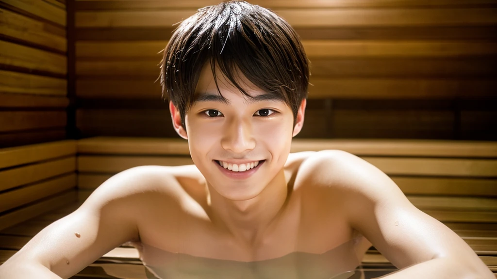 1 man、high school 、beautiful skin、Japanese、naked、sauna、Japan's coolness、high quality、(upscale:1.4)、ultra realistic 8k、masterpiece、professional artwork、Handsome guy、beautiful eyes、smile、Ultra realistic 4K、best image quality