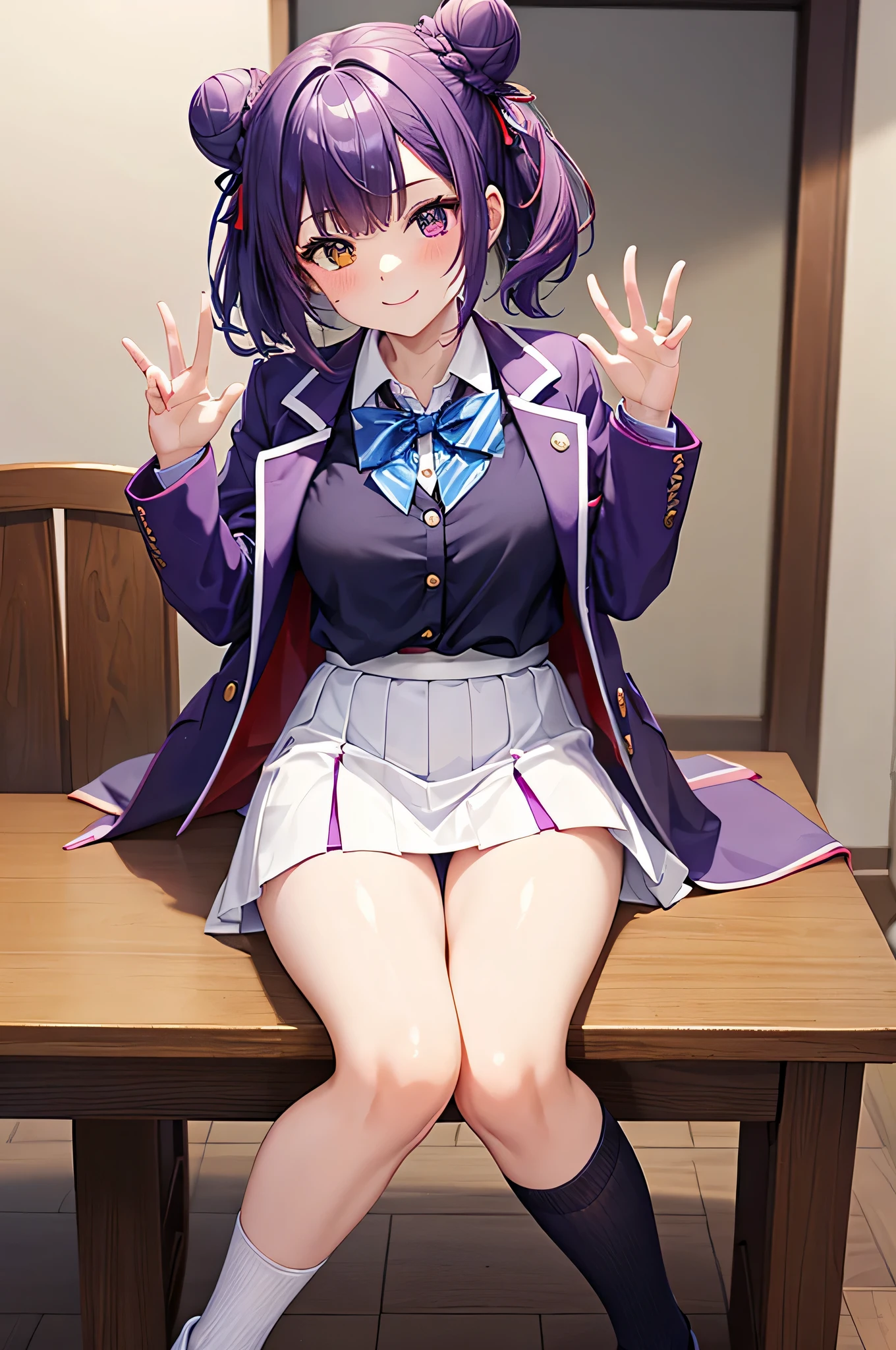 high quality, intricate details, Super detailed, (glossy white skin:1.3), straight, game CG, face focus, 1 girl, smile, (heterochromia: red and blue),purple hair,  double braided triangle bread, Twintail, medium hair, colorful jacket, white jacket, purple jacket, Purple Pencil Skirt, Purple mini skirt, black loafers, big ribbon bow tie, loose socks, asymmetry loose socks: blue and red, waving, hands on table, Doing a presentation, school uniform