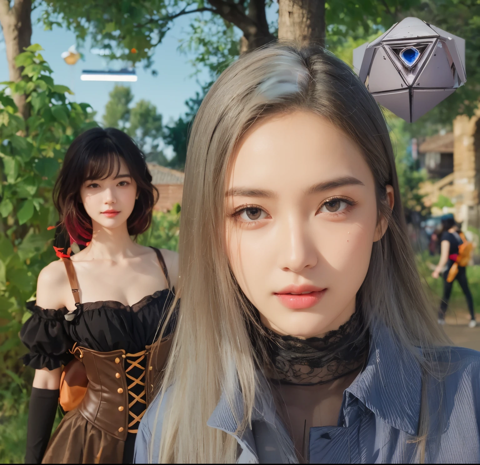 3d, ultra hd quality, woman face same as remain, same as original picture, super high resolution, pretty, top-quality, hight resolution, realisitic, masterpiece, Beautiful face, 4K, with a well-proportioned body, cloth texture, intricate details, beautiful detailed face, simple background, voluminous long hairs, hyper detailed, 8K, beautiful lighting, light smile, (realistic:1.2), good anatomy, trending on art station, detailed eyes, Two people, illuminated by soft natural light, photorealistic