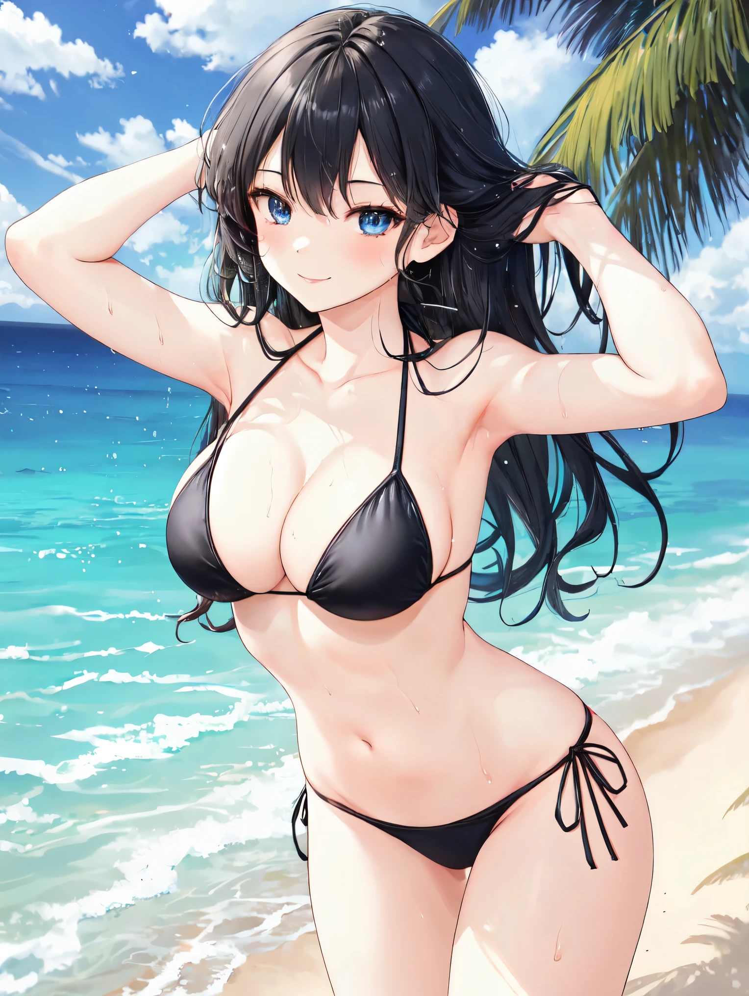8k, (master piece, best quality, high resolution), cowboy shot, 1 girl, large and beautiful breasts, (slim waist), collarbone, Blue eyes, BREAK (long hair, black hair:1.3), wet body, wet heir, one arm up behind, smile, happy, BREAK (beach, bikini swimwear), BREAK