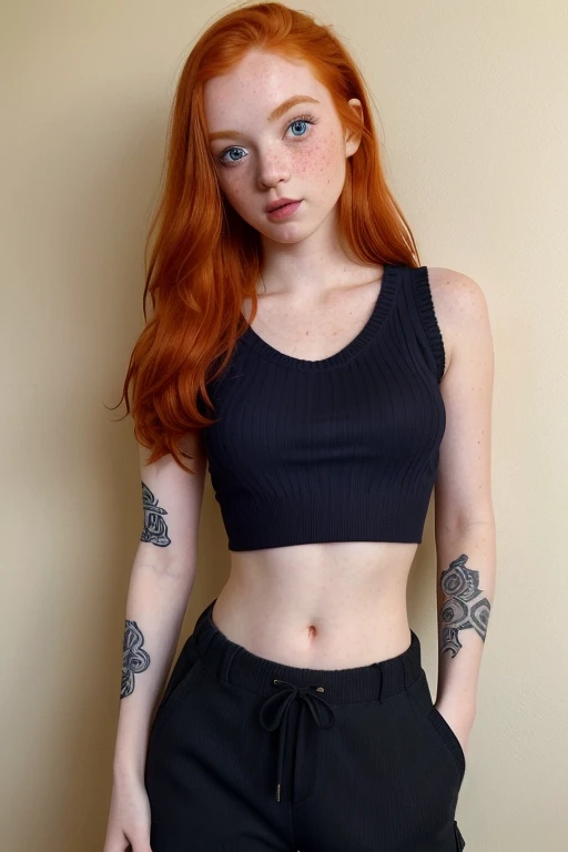 half body photo of a cute 20yo cute ginger girl, redhead, (looking shy:1.3), freckles, detailed face, detailed skin, (ribbed knit crop top with cargo pants and chunky sneakers), beautiful body, large round blue eyes, black eyeliner, sensual lips, suggestive pose, tattoo in her arm