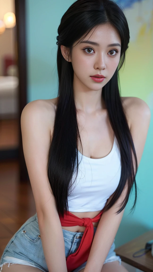 Quiet，Light makeup，Sexy，Peerless Beauty，Intellectual，clavicle，Neat long hair，Black Hair，Delicate face，Exquisite facial features，Natural expression，Natural eyes，sexy blue sports shorts