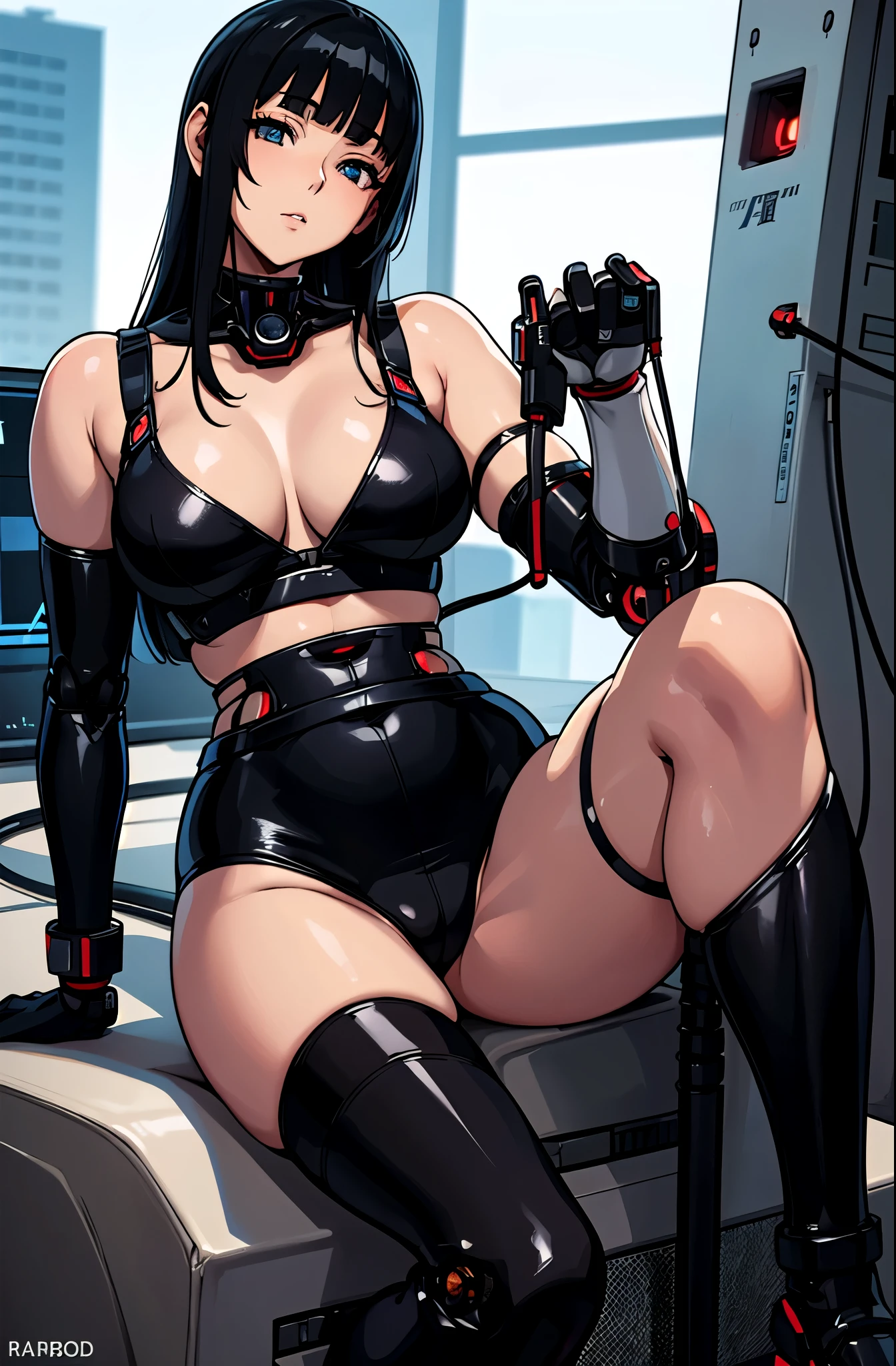 masterpiece, best quality, extremely detailed, Japaese Cyborg girl,Plump , control panels,android,Droid,Mechanical Hand, Robot arms and legs, Black hair,Blunt bangs,perfect robot girl,long tube,thick cable connected her neck,android,robot,humanoid,cyborg,japanese android woman ,future laboratory,connecting a cable between the legs,hotpants,darkblack knee high socks,
