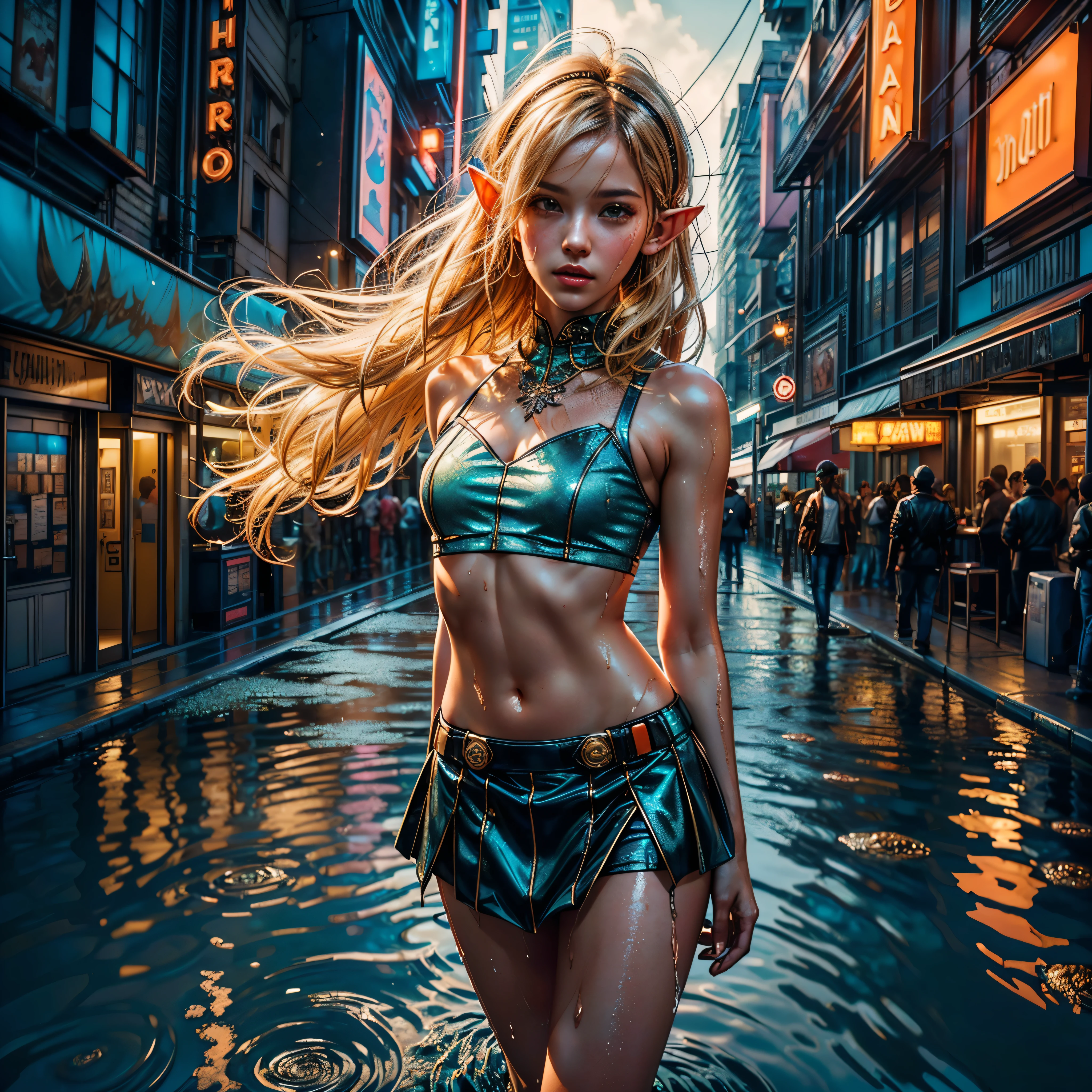 illustration, (smile,:1),(raining,wet,splash:1.3), (string,abs,small breasts,:1.1),(thin transparent, wet clothes,sfw),thighs, battlefield, (slim, fit,flat chest, petite,ukranian,) photo realistic, high definition, detailed realistic, hyper detailed, realistic skin texture, ultra high resolution,flag painted, (masterpiece, best quality), face tears,