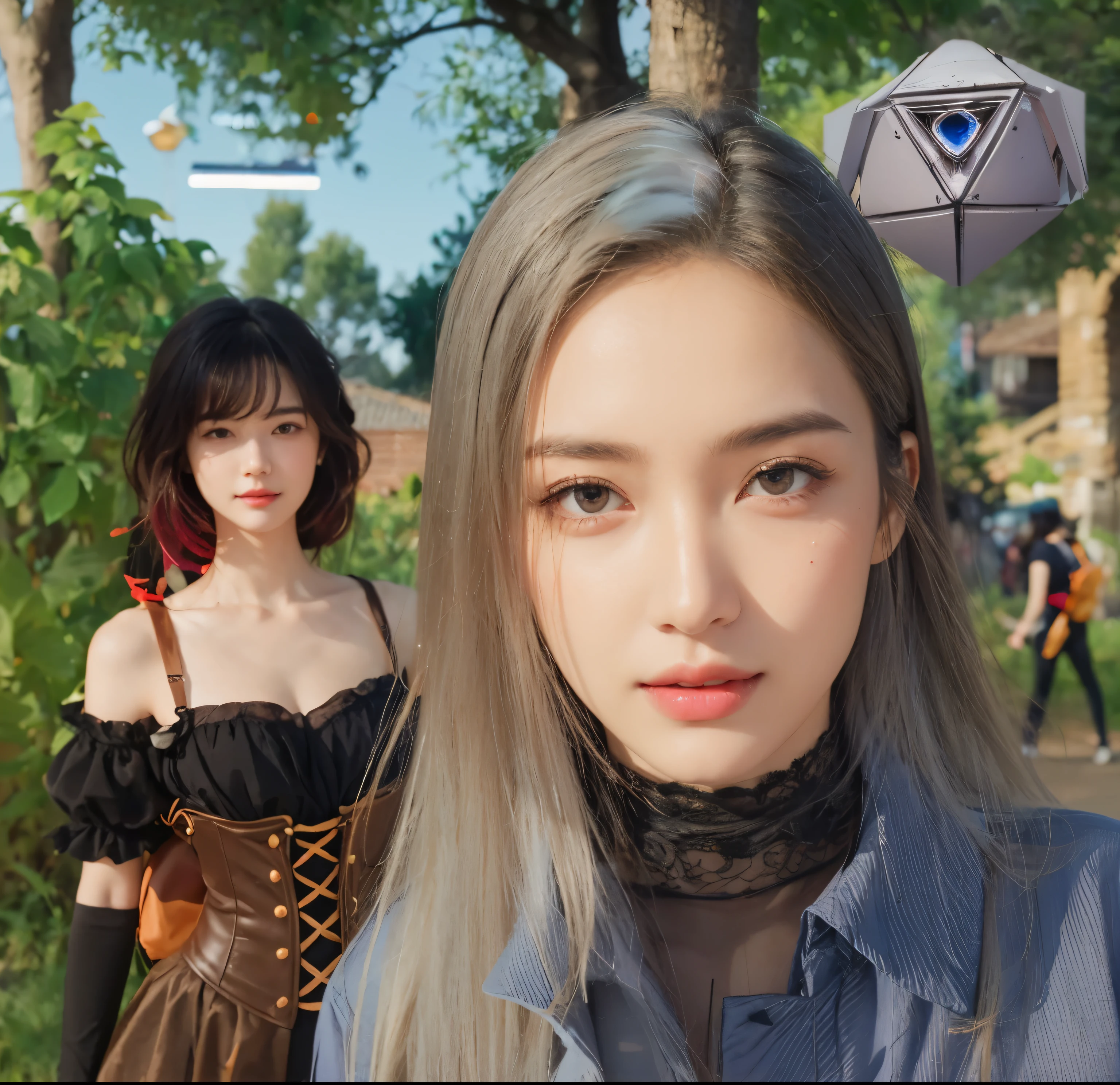 3d, ultra hd quality, woman face same as remain, same as original picture, super high resolution, pretty, top-quality, hight resolution, realisitic, masterpiece, Beautiful face, 4K, with a well-proportioned body, cloth texture, intricate details, beautiful detailed face, simple background, voluminous long hairs, hyper detailed, 8K, beautiful lighting, light smile, (realistic:1.2), good anatomy, trending on art station, detailed eyes, Two people, illuminated by soft natural light, photorealistic