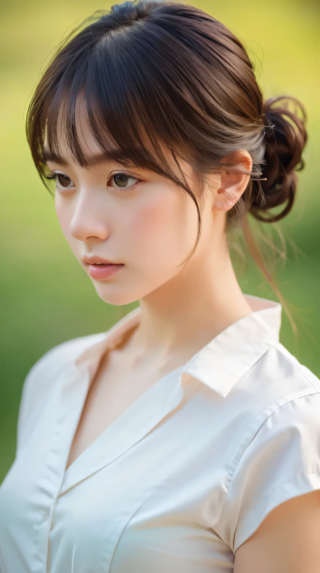 (masterpiece, highest quality, RAW photo, realistic:1.2), 1 girl, look away, sad, beautiful girl, cute, delicate girl, hair up, written boundary depth, High resolution, Super detailed, detailed, 非常にdetailedな目と顔, realistic student, sharp focus, cinematic lighting, Upper body, bangs, silk shirt,