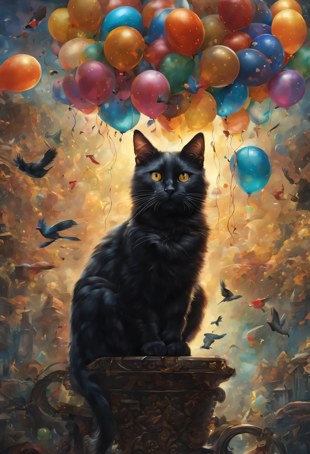 Black cat'The head is floating、vine、birdie、many small balloons flying, (fantasy:1.4), extreme details, realistic light, great composition, (intricate details), (Complex design, Super detailed :1.4), art station, (masterpiece, highest quality), Ultra HD, 32k --v 6、Depth of object being written、deep、golden ratio、highest quality、