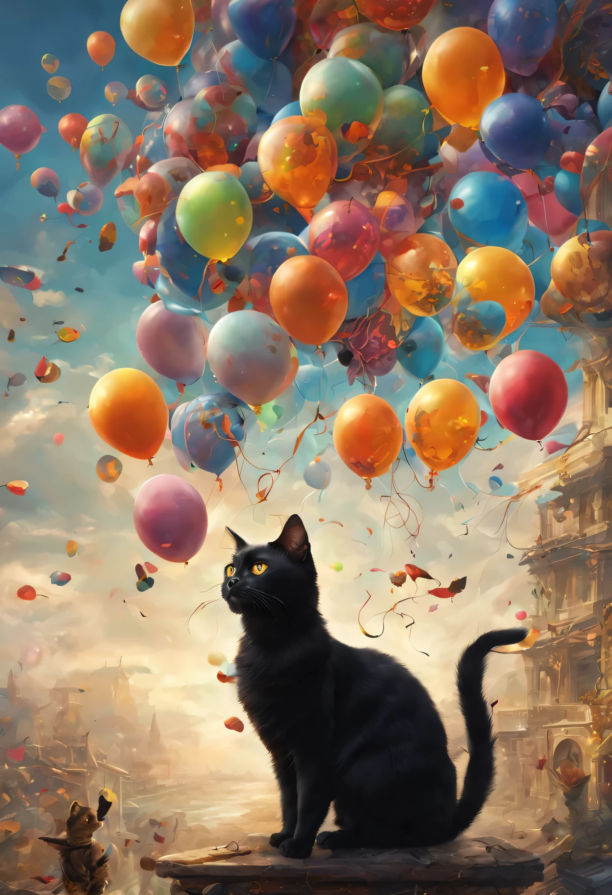 Black cat&#39;The head is floating、vine、birdie、many small balloons flying, (fantasy:1.4), extreme details, realistic light, great composition, (intricate details), (Complex design, Super detailed :1.4), art station, (masterpiece, highest quality), Ultra HD, 32k --v 6、Depth of object being written、deep、golden ratio、highest quality、
