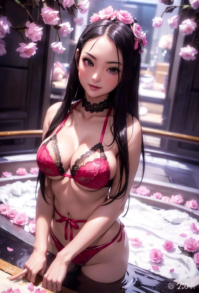 (8k、Realism、original photography、top quality: 1.3)、(1 girl in)、super beautiful、(serious)、pink bra、Miniskirt，lace，Engage your audience、beautiful expression、Big 、Lover&#39;s perspective、（real skin）、beautiful smile、（Soldier）、Tempting、ultra high resolution、Surrealism、high detail、On the flower