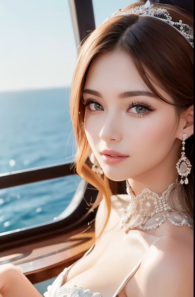 ((muste piece)), ((best quality)), (Super detailed), model-like face、Beautiful woman、luxury cruise、Korean beauty、deck、Inspiring clothes、Hostess