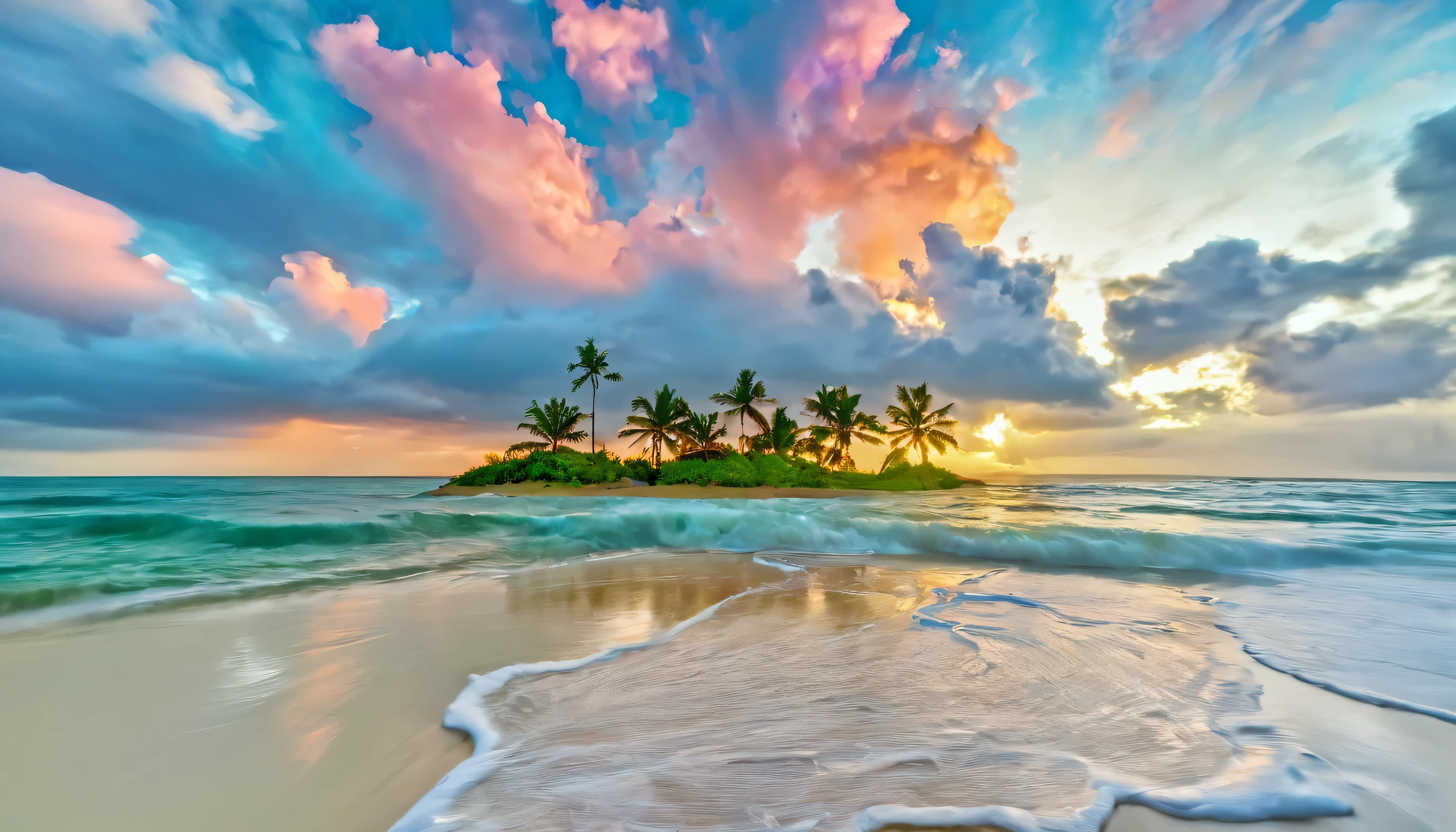 Colorful sky、Colorful clouds、((Cumulonimbus cloud))、blue sea、white sand beach、coconut tree、coconut、fantastic scenery、amazing amazing art、wallpaper、highest quality、best image quality、super resolution、masterpiece、