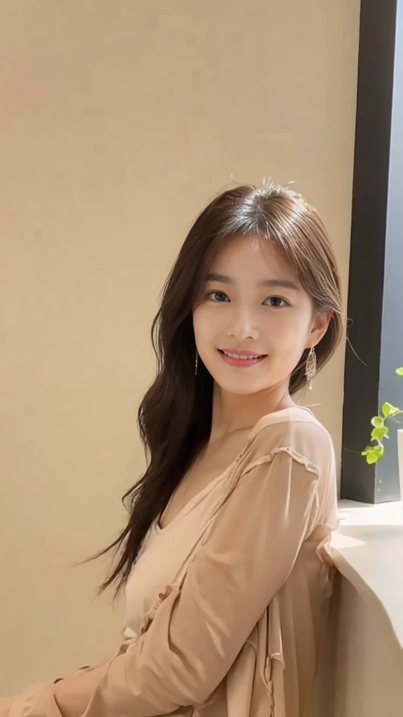 ((​Masterpiece, Top image quality, high resolution、alone、shiny skin))(on the table, best quality, actual, super detailed, meticulous, high resolution, 8k wallpaper), Close-up portrait of a beautiful woman, Chariada, smiling, light brown messy hair, Perfect dynamic composition, 美丽meticulous的眼睛, Just like the cover of a fashion magazine, on campus