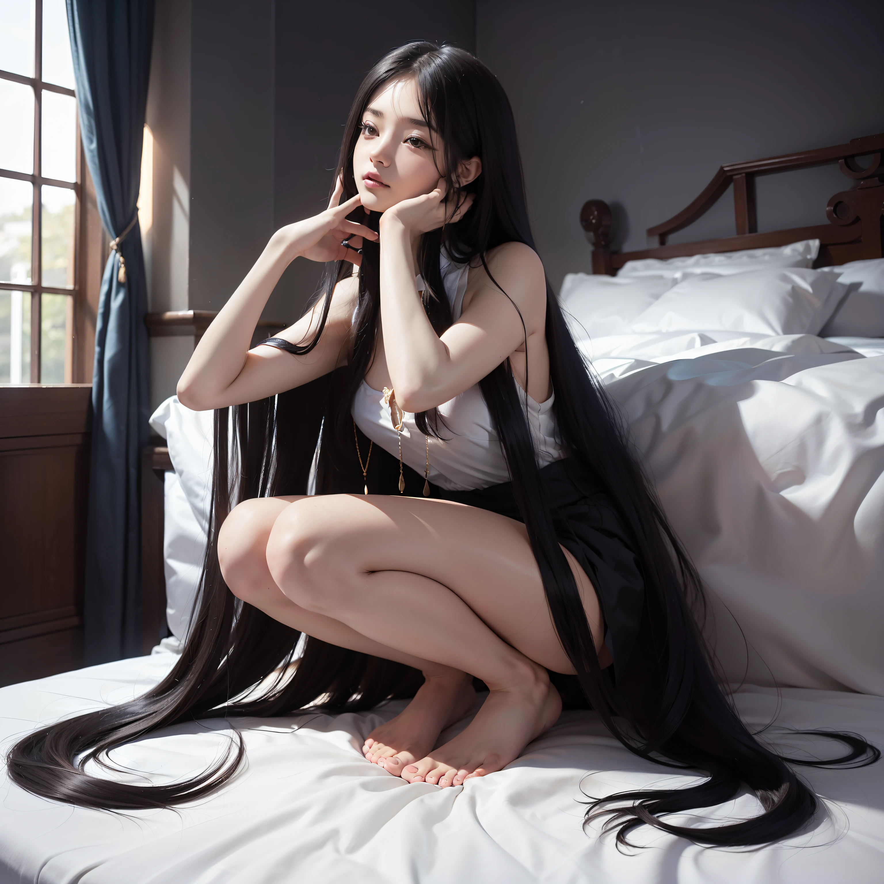 ((Top image quality、top quality、highest resolution、hyperrealistic photography、8K、Full body image、1 girl、very beautiful face、Super long hair、The length of the hair is about 3 meters,,,,,、black straight hair、Black hair is longer than height、Black hair that hasn’t been cut in more than 20 years、slender figure、White underwear or nudity、Place on the bed、World Hair Contest Champion、Full body real photo、Photos from head to toe、Photo taken from about 4 meters away、Super real、stand up straight、two hands、2 legs、5 fingers、))She has super long hair,covering the whole body、The longest brunette in the world、Lying in bed,Long hair spread out、The long hair spread on the bed overflows from the bed、Care for long black hair、Hair is heavy and tired、Hair longer than Rapunzel、Very large amount of hair、Squatting on the Bed、