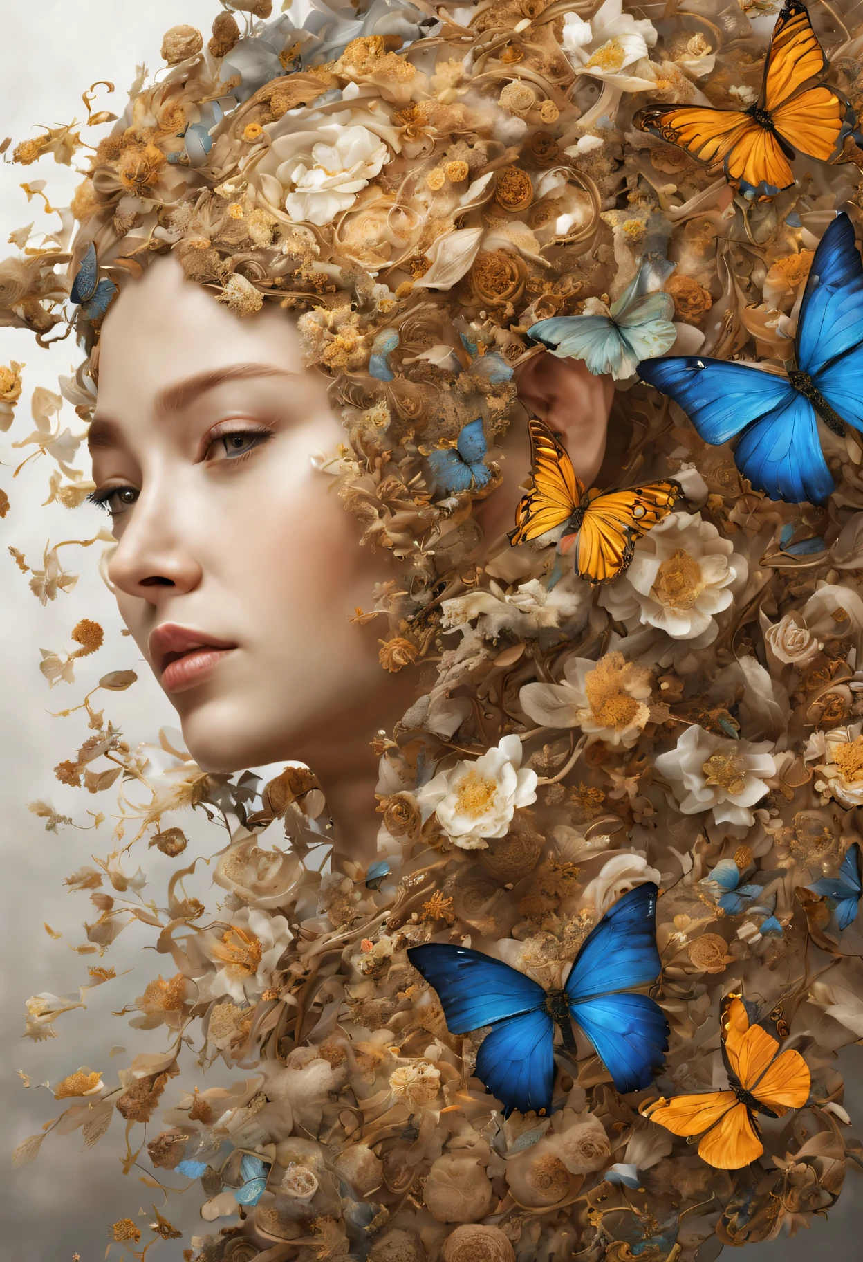 woman'The head is floating、Made of stone、vine、birdie、butterfly、many small flowers are flying, (fantasy:1.4), extreme details, realistic light, great composition, (intricate details), (Complex design, Super detailed :1.4), art station, (masterpiece, highest quality), Ultra HD, 32k --v 6、Depth of object being written、deep、golden ratio、highest quality、