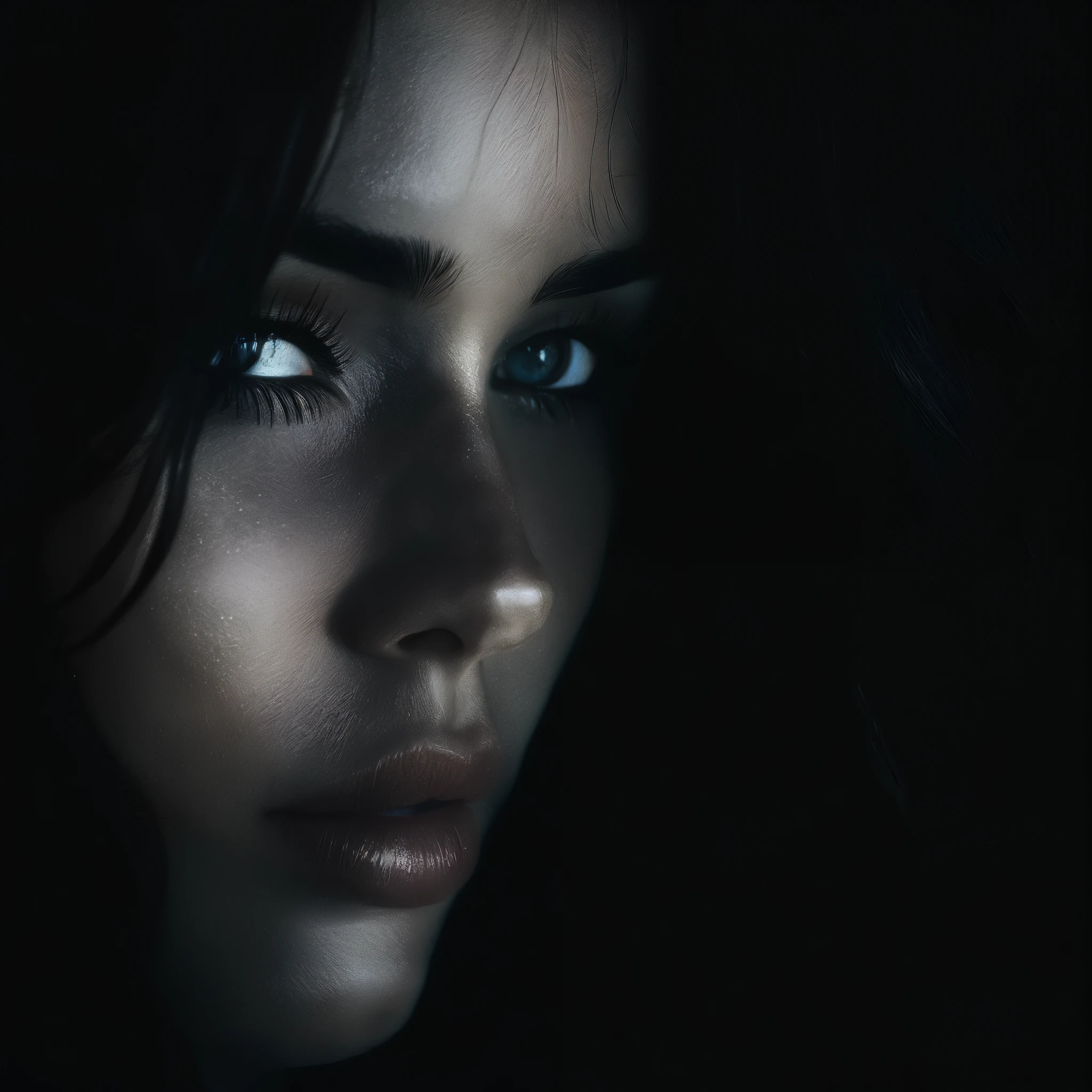 Mujer arafed con cabello oscuro y ojos azules en la oscuridad., realistic face changing lighting, Retrato en claroscuro, pintura digital ultra realista, Retrato oscuro, arte conceptual oscuro fotorrealista, Retrato suave 8 K, Pintura digital hiperrealista, dramatic cinematic portrait, Renderizado de octanaje ultrarrealista, pintura digital hiperrealista, cinematic portrait, cinematic portrait realista, Dark and changing backlight