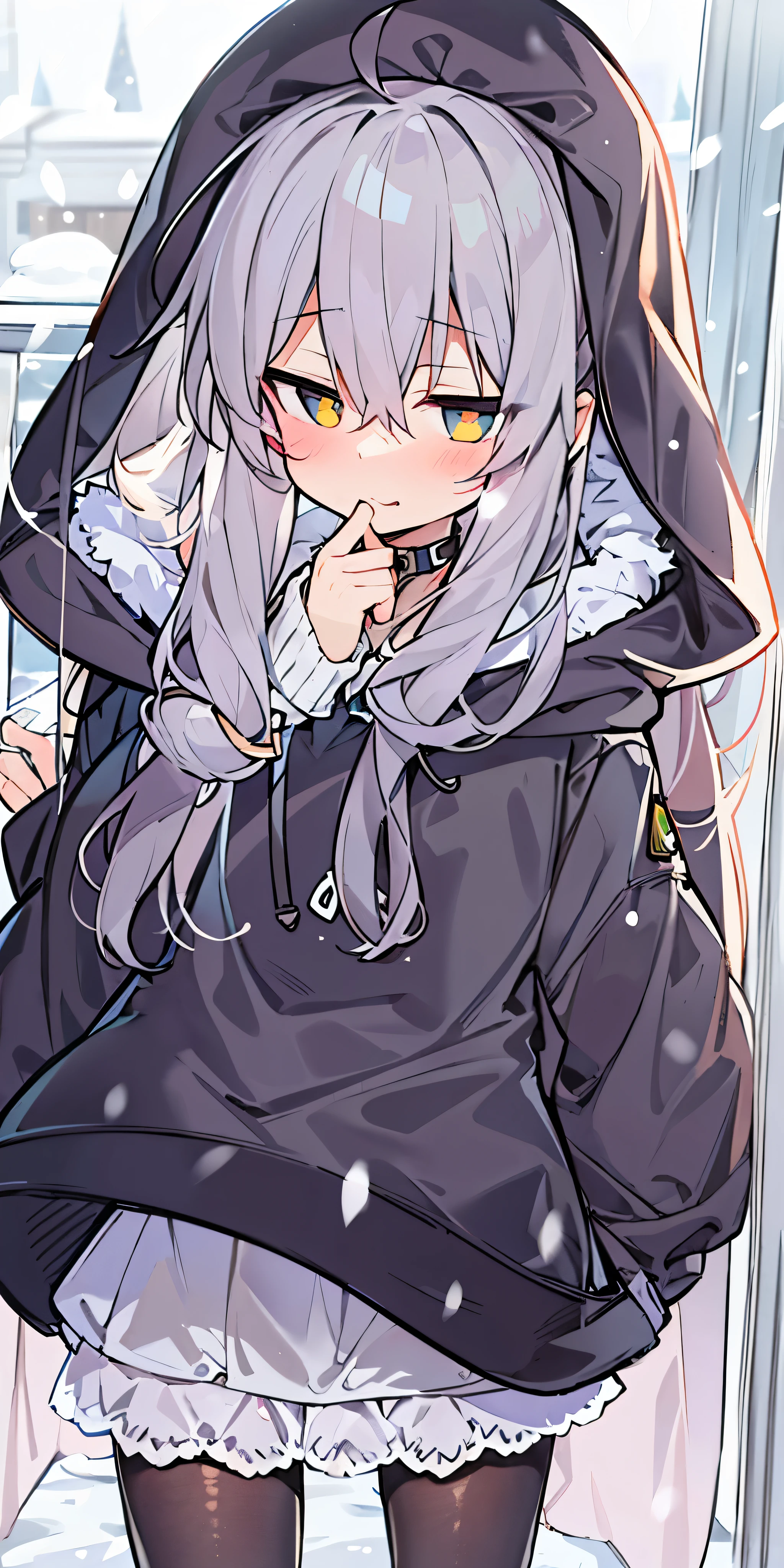 、long hair、cute、white stockings、Heart-shaped pupils、solo、gray hair、indoor、blush、winter、snow、outdoor,golden eyes、Ahoge、(((Black hoodie)))、