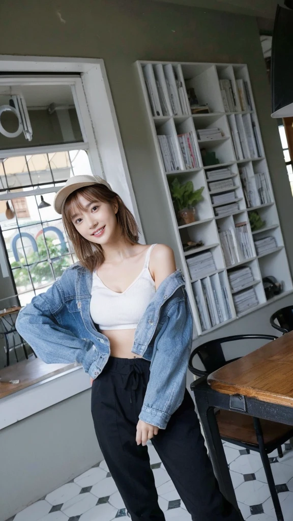 ((Masterpiece, Top image quality, high resolution、alone、shiny skin))(on the table, best quality, actual, super detailed, meticulous, high resolution, 8k wallpaper), Close-up portrait of a beautiful woman, Chariada, smiling, light brown messy hair, Perfect dynamic composition, 美丽meticulous的眼睛, Just like the cover of a fashion magazine, on campus
