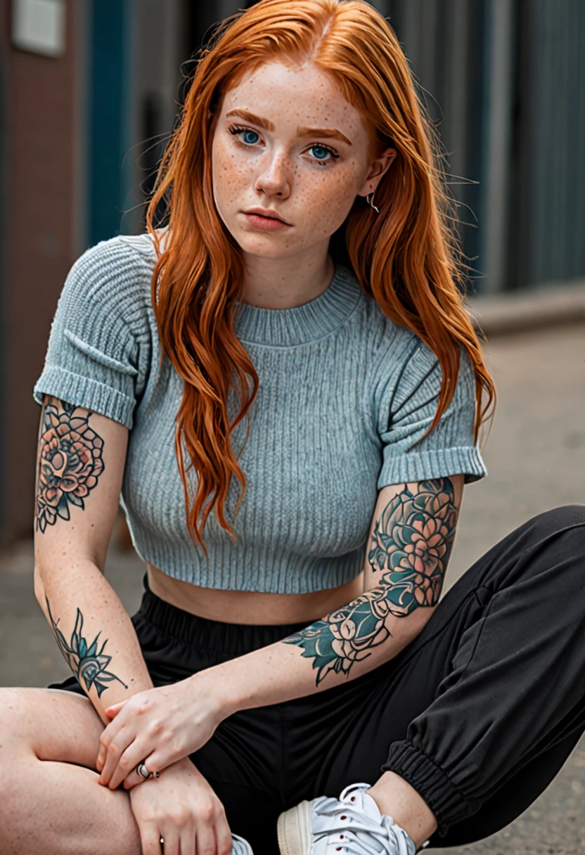 half body photo of a cute 20yo cute ginger girl, redhead, (looking shy:1.3), freckles, detailed face, detailed skin, (ribbed knit crop top with cargo pants and chunky sneakers), beautiful body, large round blue eyes, black eyeliner, sensual lips, suggestive pose, tattoo in her arm