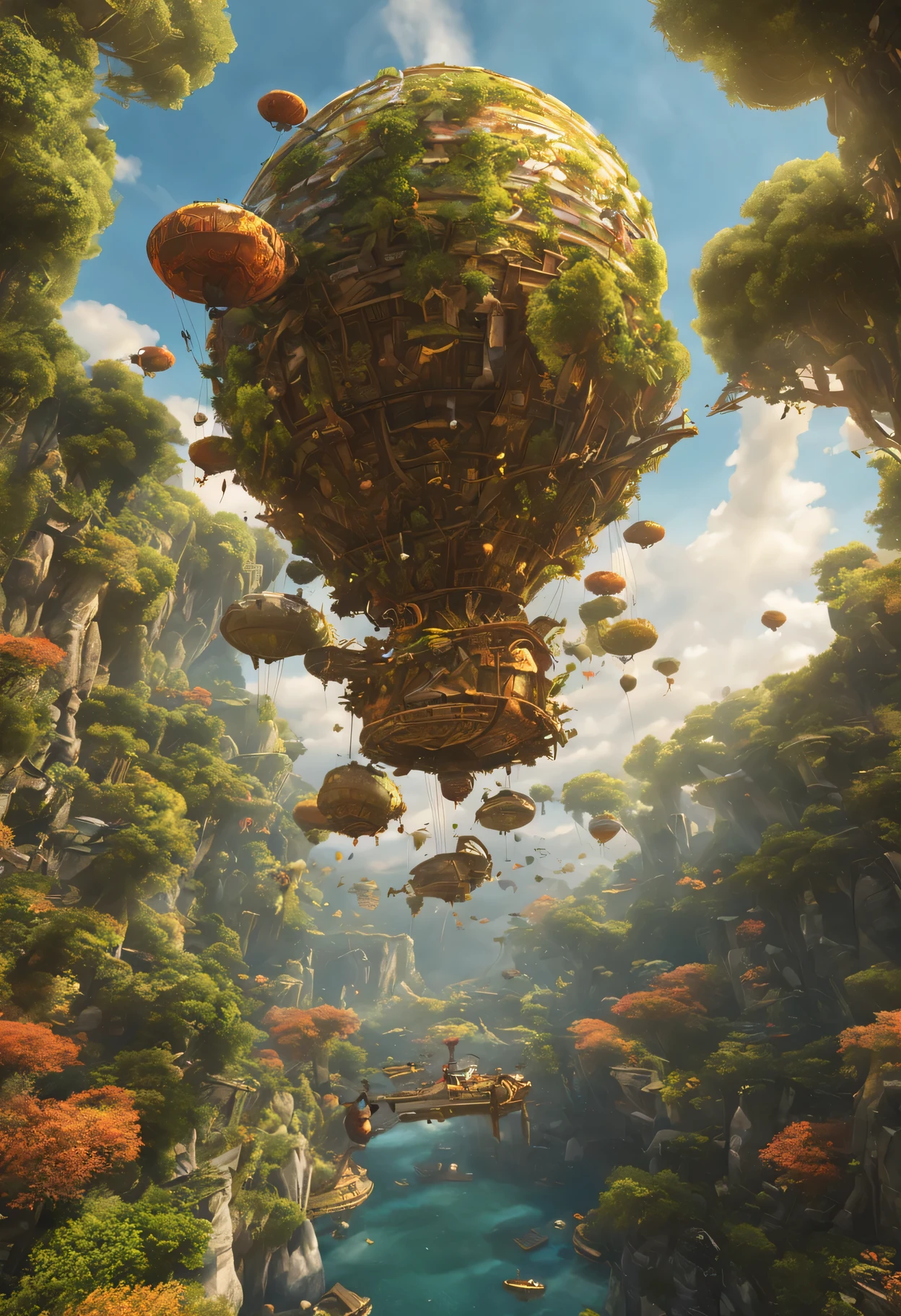 Many islands々々floating in the air、wood々covered in、vine、birdie、There are many small airships flying around, (fantasy:1.4), extreme details, realistic light, great composition, (intricate details), (Complex design, Super detailed :1.4), art station, (masterpiece, highest quality), Ultra HD, 32k --v 6、Depth of object being written、deep、golden ratio、highest quality、