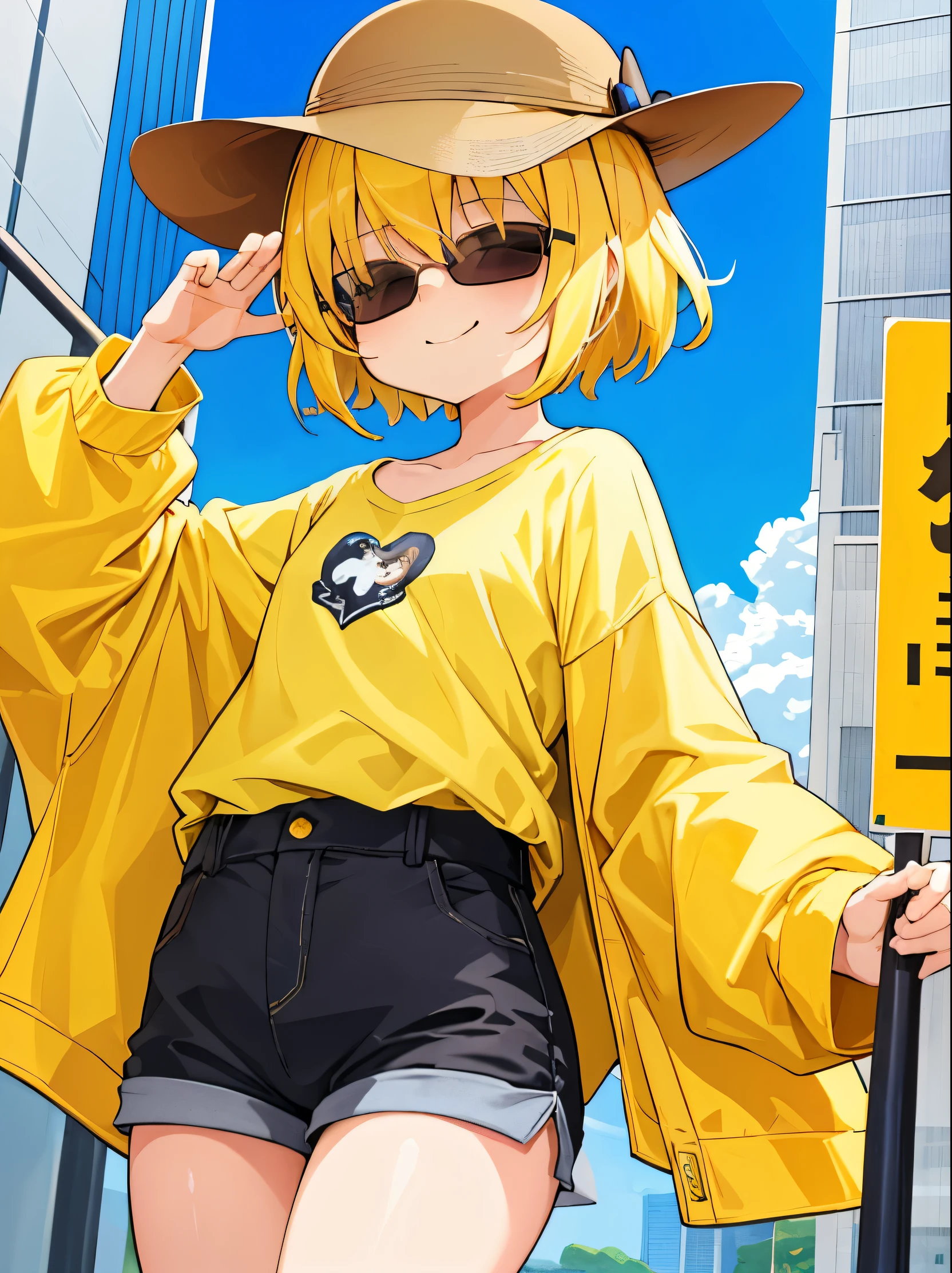 Masterpiece, best quality, very detailed, illustration,1 girl, small,chest,gray long sleeve shirt,Black Sunglasses,Yellow shorts,short hair,yellow hair,Close your eyes..,Smiling mouth,yellow hat