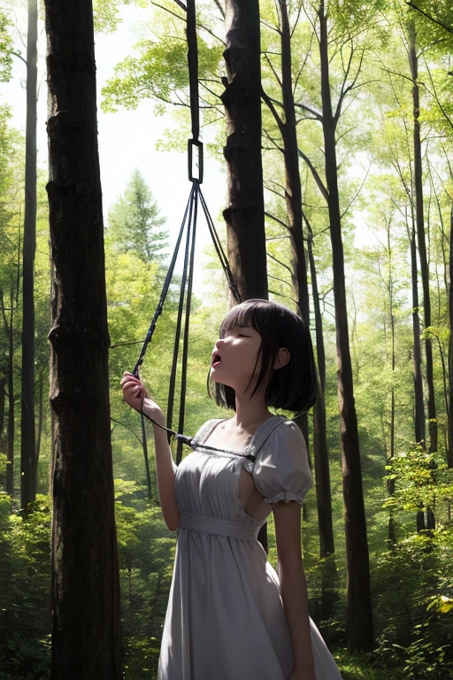 slender young girl, (Restrained to a tree by rope), closed eyes, open mouth, forest