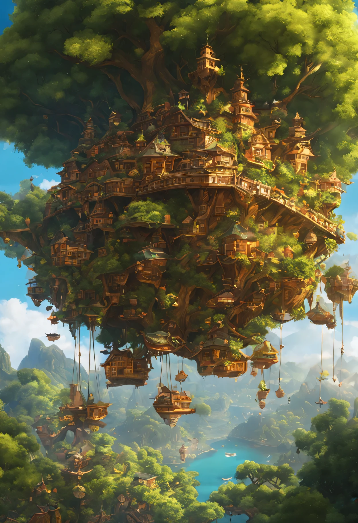 Many islands々々floating in the air、wood々covered in、vine、birdie、There are many small airships flying around, (fantasy:1.4), extreme details, realistic light, great composition, (intricate details), (Complex design, Super detailed :1.4), art station, (masterpiece, highest quality), Ultra HD, 32k --v 6、Depth of object being written、deep、golden ratio、highest quality、