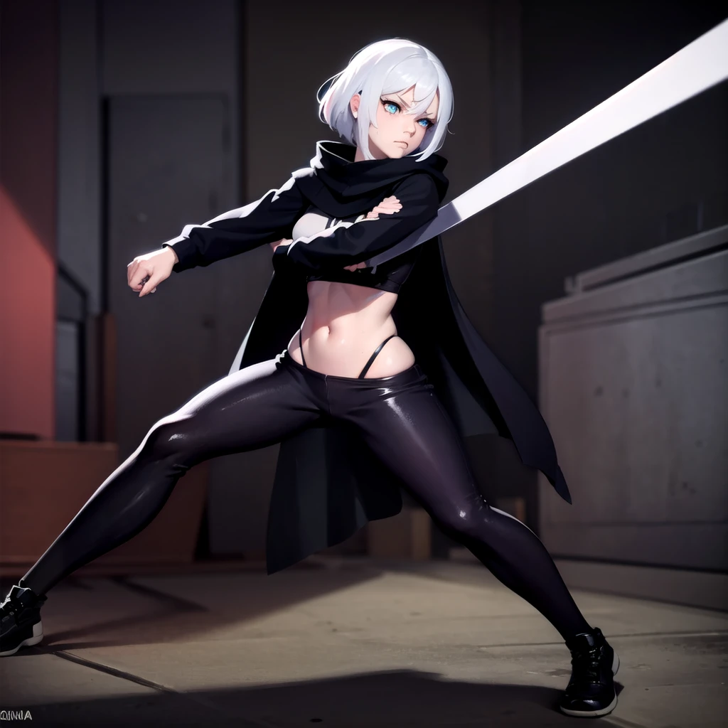 Fighting girl, epic, with particles, HD, 8k, white hair, with black cape, line marks on the face, serious face, closed mouth, casual pose, hands in Bruce Lee position, tactical pants, black hood, black lines under eyes, black polar diver, eyes with marked rings, detailed face, blood on the lips, full body, escuadrón de asesinas,