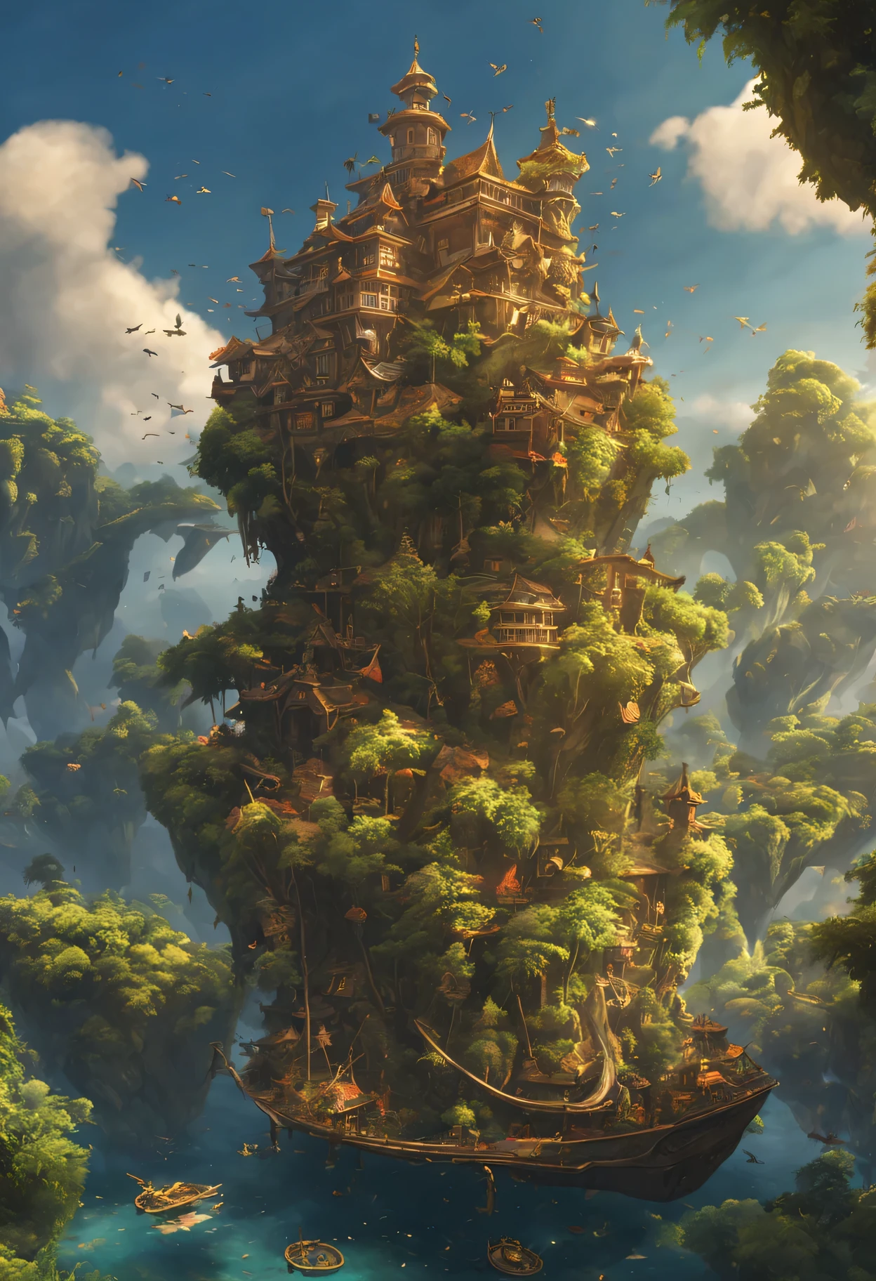 Many islands々々floating in the air、wood々covered in、vine、birdie、There are many small airships flying around, (fantasy:1.4), extreme details, realistic light, great composition, (intricate details), (Complex design, Super detailed :1.4), art station, (masterpiece, highest quality), Ultra HD, 32k --v 6、Depth of object being written、deep、golden ratio、highest quality、