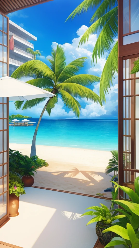 Ultra-detailed wide-angle camera captures picturesque resort area, (bright colors: 1.4), Full of energy and natural beauty. Sunbathers relax on the golden sand, (beach towel: 0.6), Their silhouettes contrast with the clear blue water. palm trees sway gently in the gentle breeze, Their leaves leave intricate patterns on the white sand.

in the distance, A series of luxury resorts line the coastline, Their modern architecture blends in with lush greenery. (Modern resort: 1.5), Open-air restaurant, (Pool area: 0.8), and health