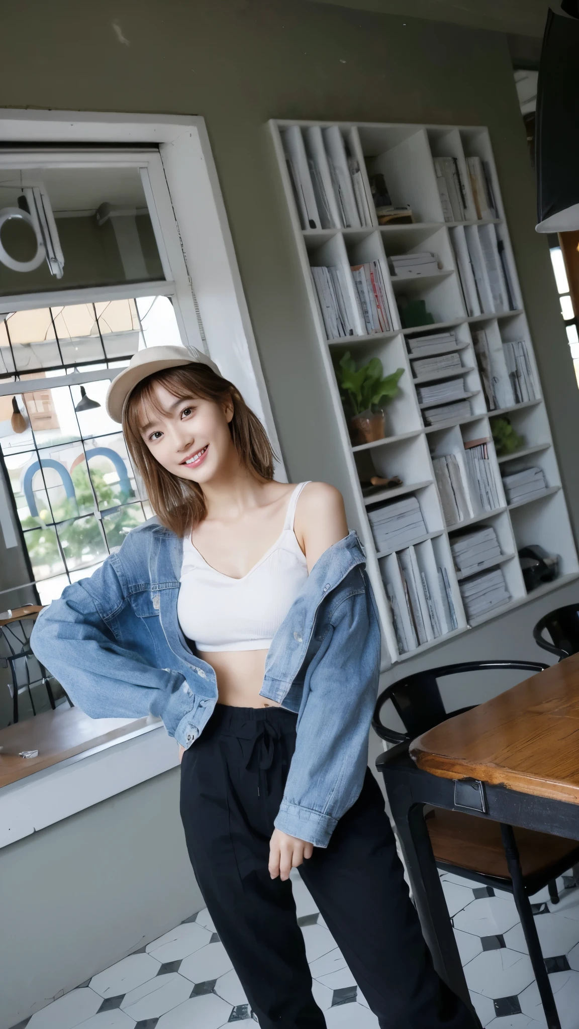 ((Masterpiece, Top image quality, high resolution、alone、shiny skin))(on the table, best quality, actual, super detailed, meticulous, high resolution, 8k wallpaper), Close-up portrait of a beautiful woman, Chariada, smiling, light brown messy hair, Perfect dynamic composition, 美丽meticulous的眼睛, Just like the cover of a fashion magazine, on campus