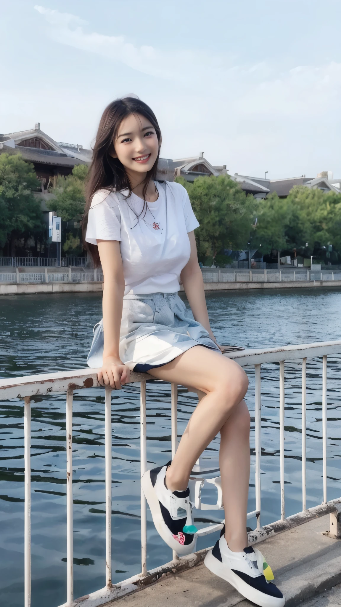 ((Masterpiece, Top image quality, high resolution、alone、shiny skin))(on the table, best quality, actual, super detailed, meticulous, high resolution, 8k wallpaper), Close-up portrait of a beautiful woman, Chariada, smiling, light brown messy hair, Perfect dynamic composition, 美丽meticulous的眼睛, Just like the cover of a fashion magazine, on campus